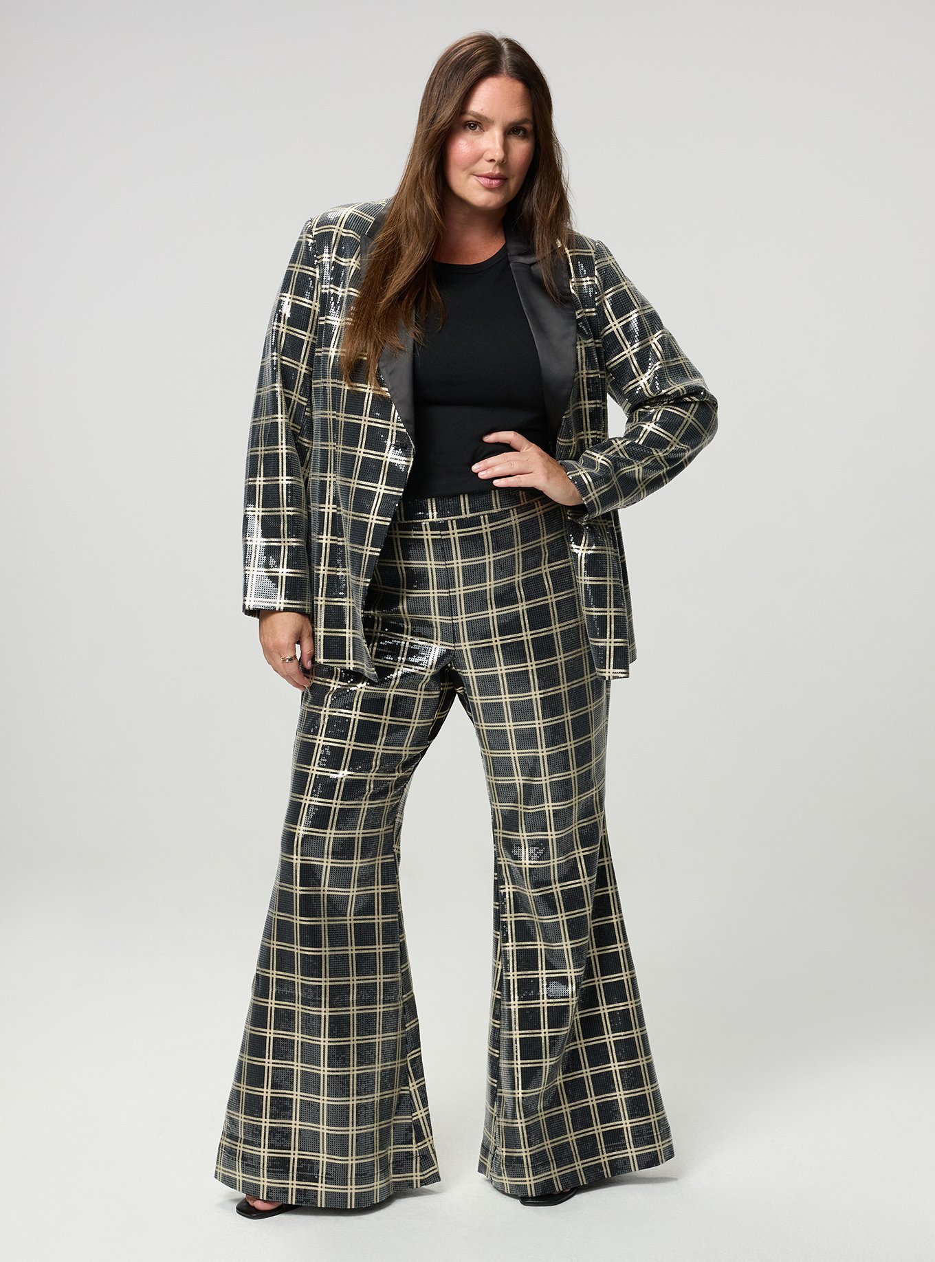 Studio Luxe Sequin Flare Pant, MODERN PLAID GOLD, hi-res