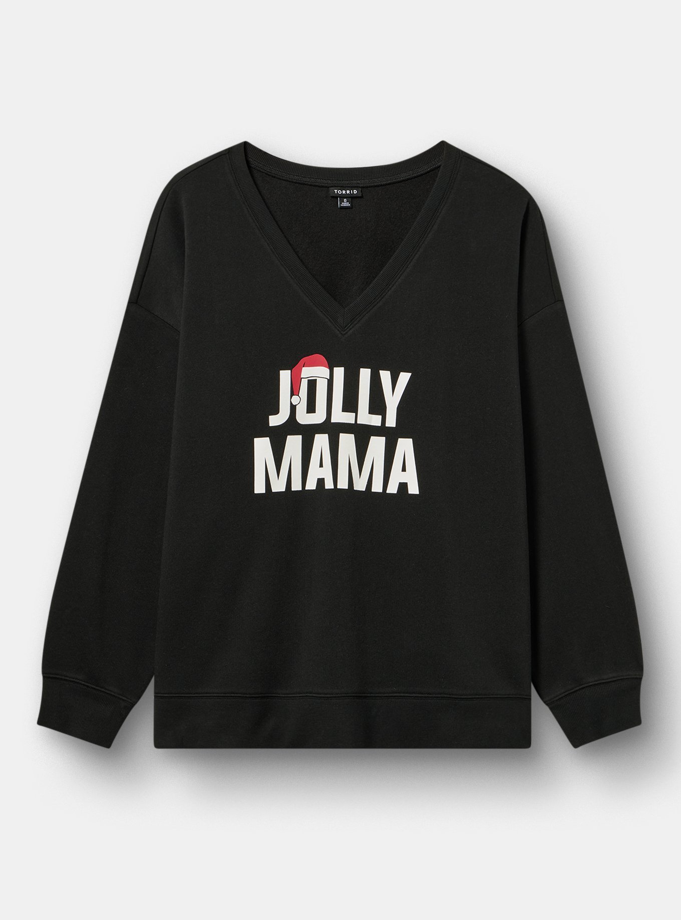 Cozy Fleece Step Hem V-Neck Sweatshirt, JOLLY MAMA DEEP BLACK, hi-res