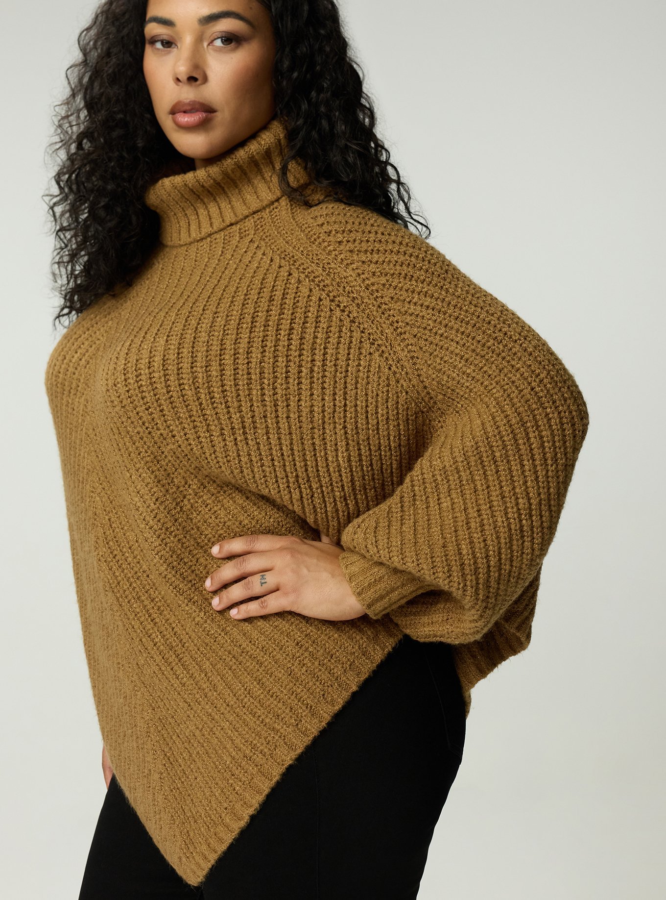 Turtleneck Poncho Sweater, CAMEL, alternate