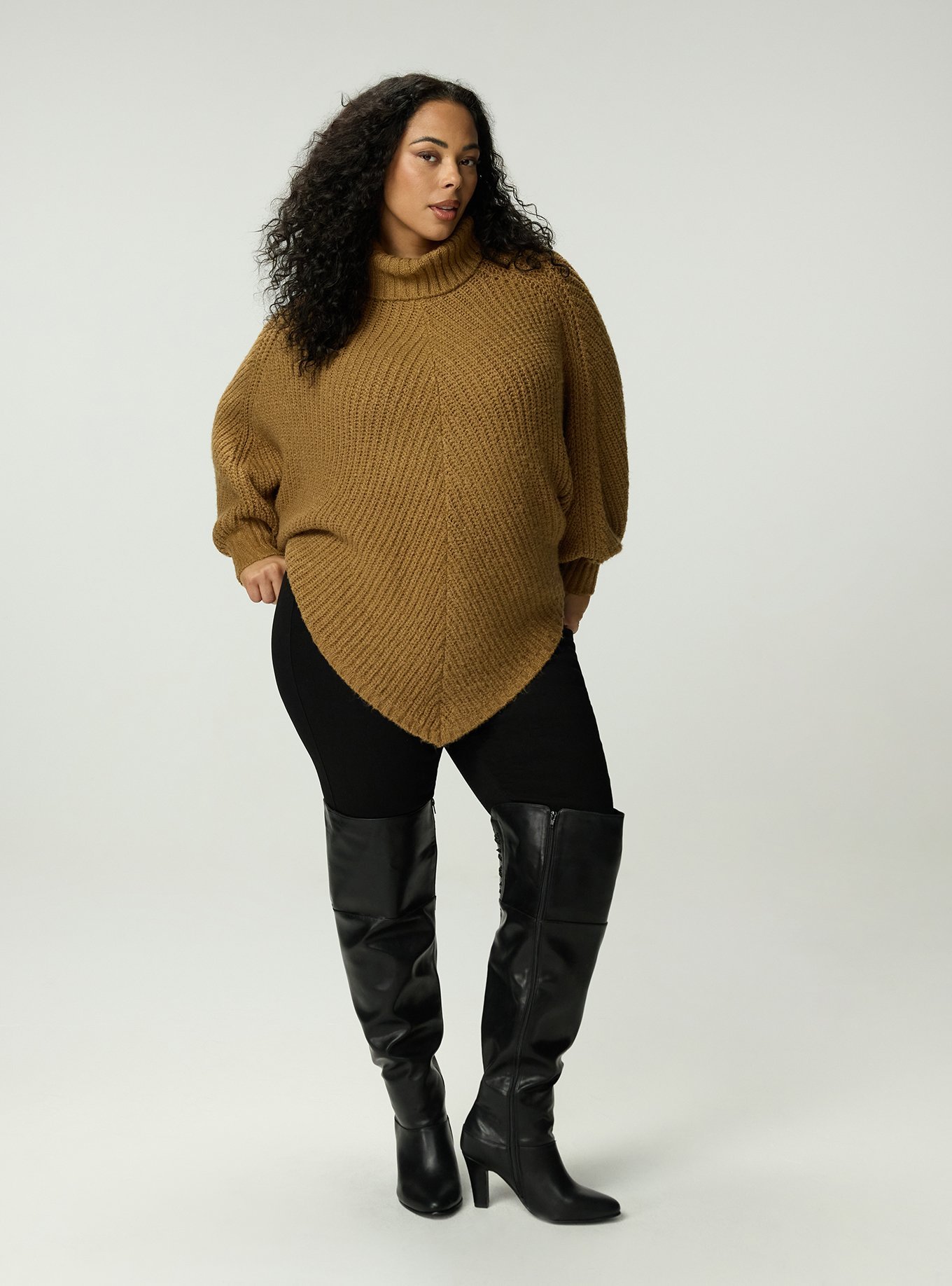 Turtleneck Poncho Sweater, CAMEL, alternate
