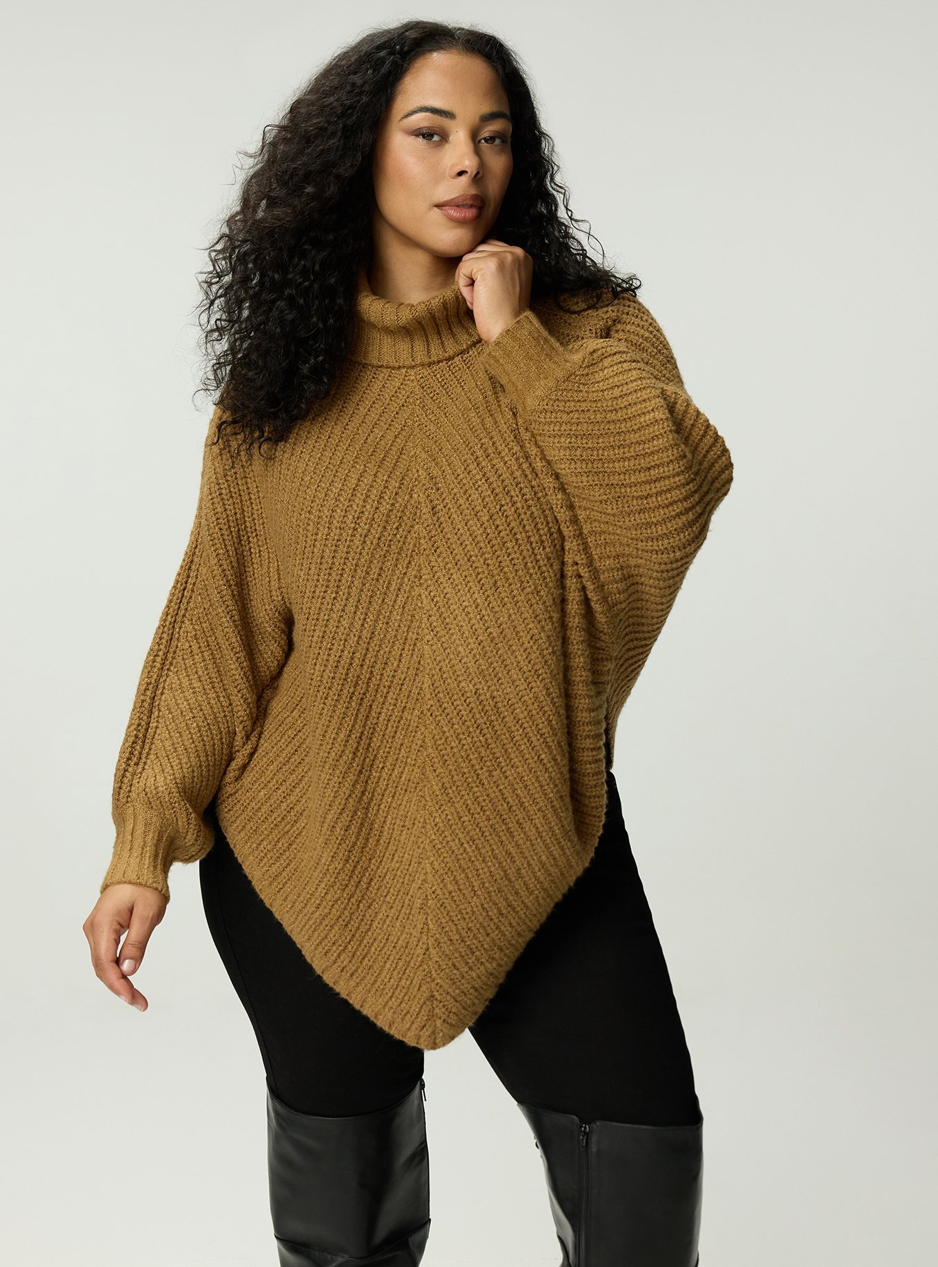 Turtleneck Poncho Sweater, CAMEL, alternate