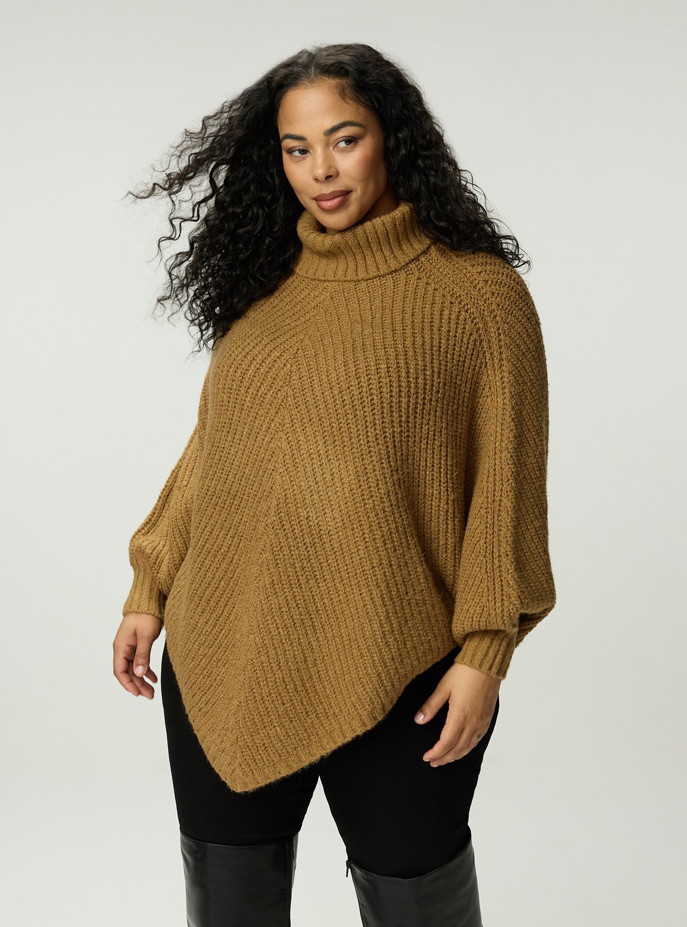 Turtleneck Poncho Sweater, CAMEL, hi-res