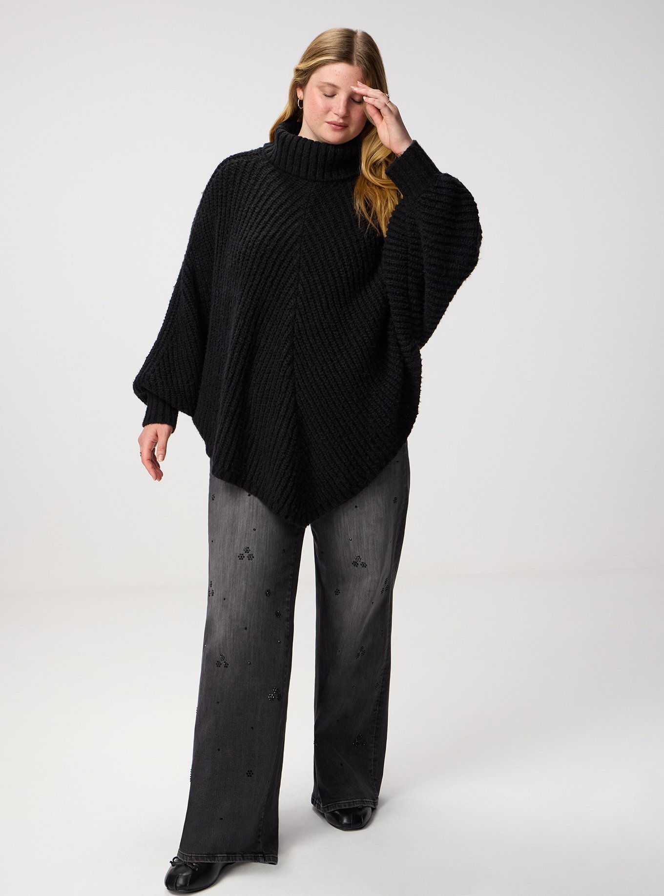 Turtleneck Poncho Sweater, DEEP BLACK, alternate