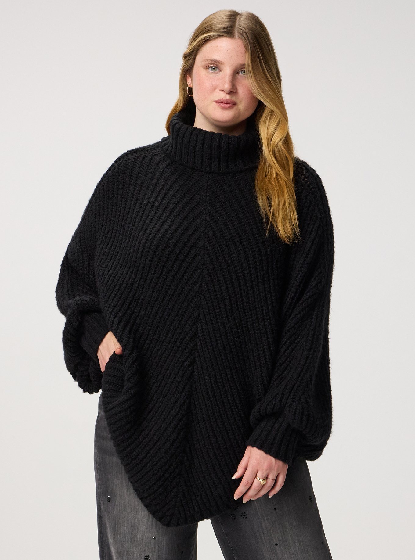 Turtleneck Poncho Sweater, DEEP BLACK, hi-res