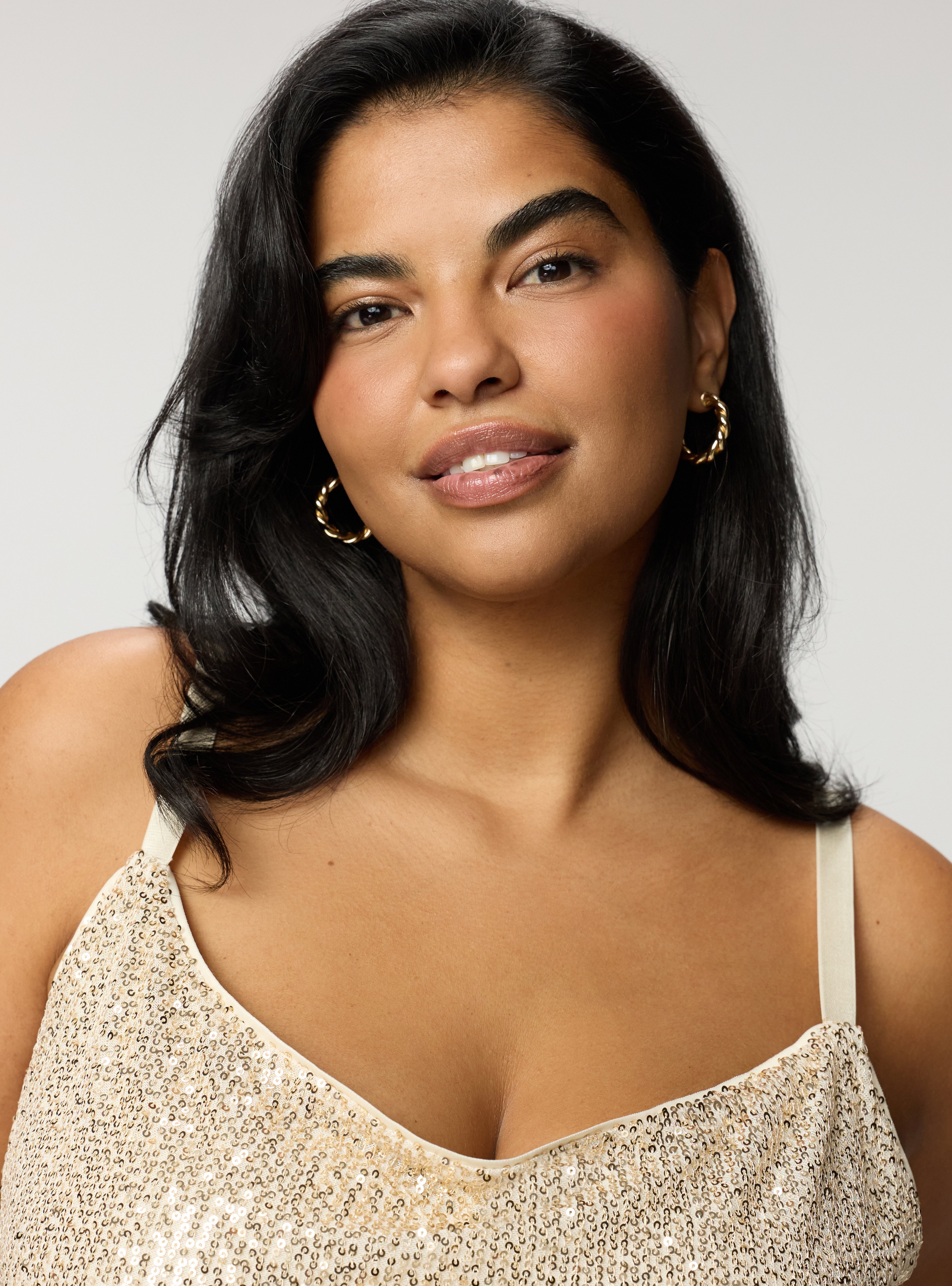 Sequin Hanky Hem Cowl Neck Cami, CHAMPAGNE, alternate