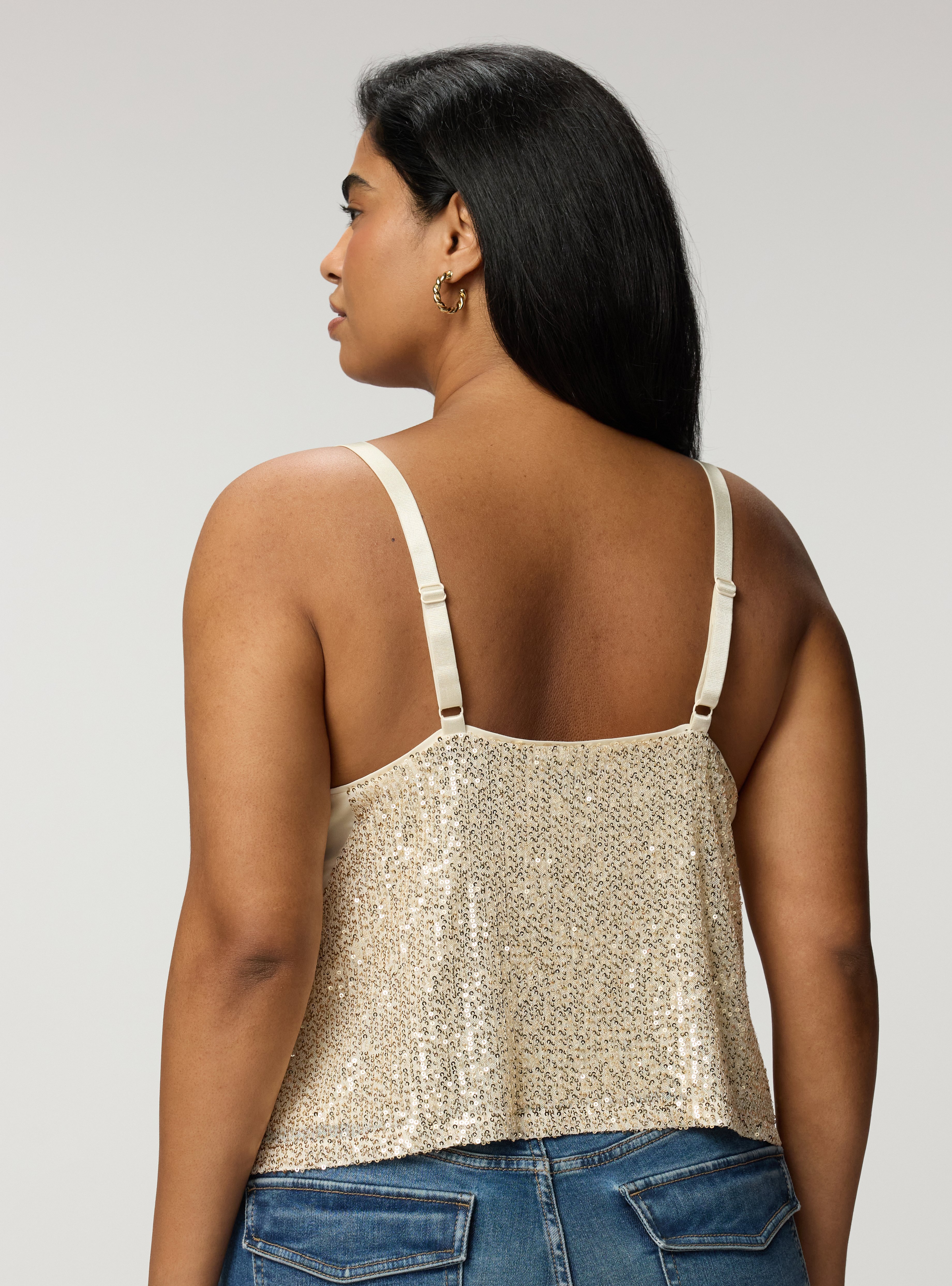 Sequin Hanky Hem Cowl Neck Cami, CHAMPAGNE, alternate