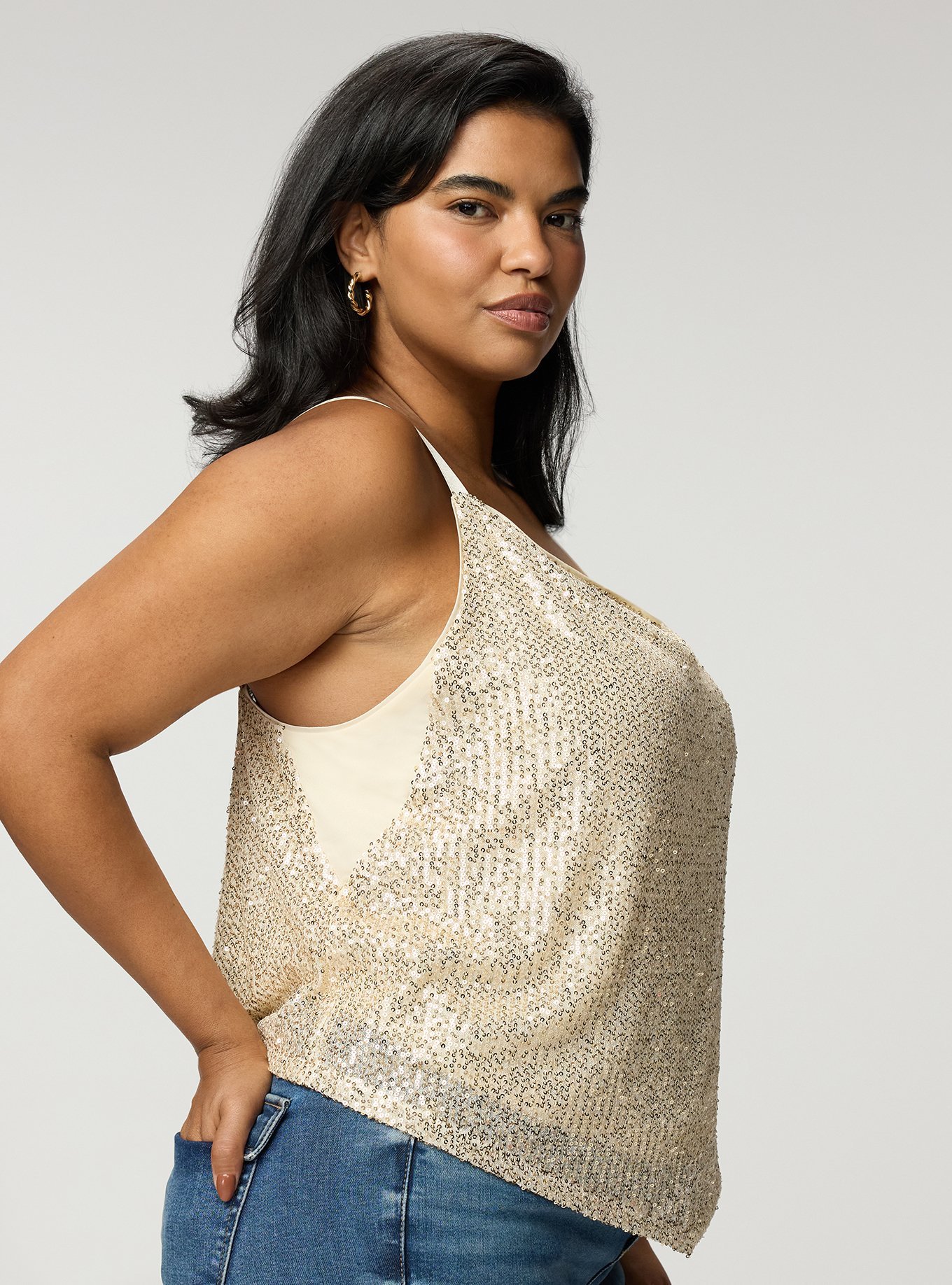 Sequin Hanky Hem Cowl Neck Cami, CHAMPAGNE, alternate