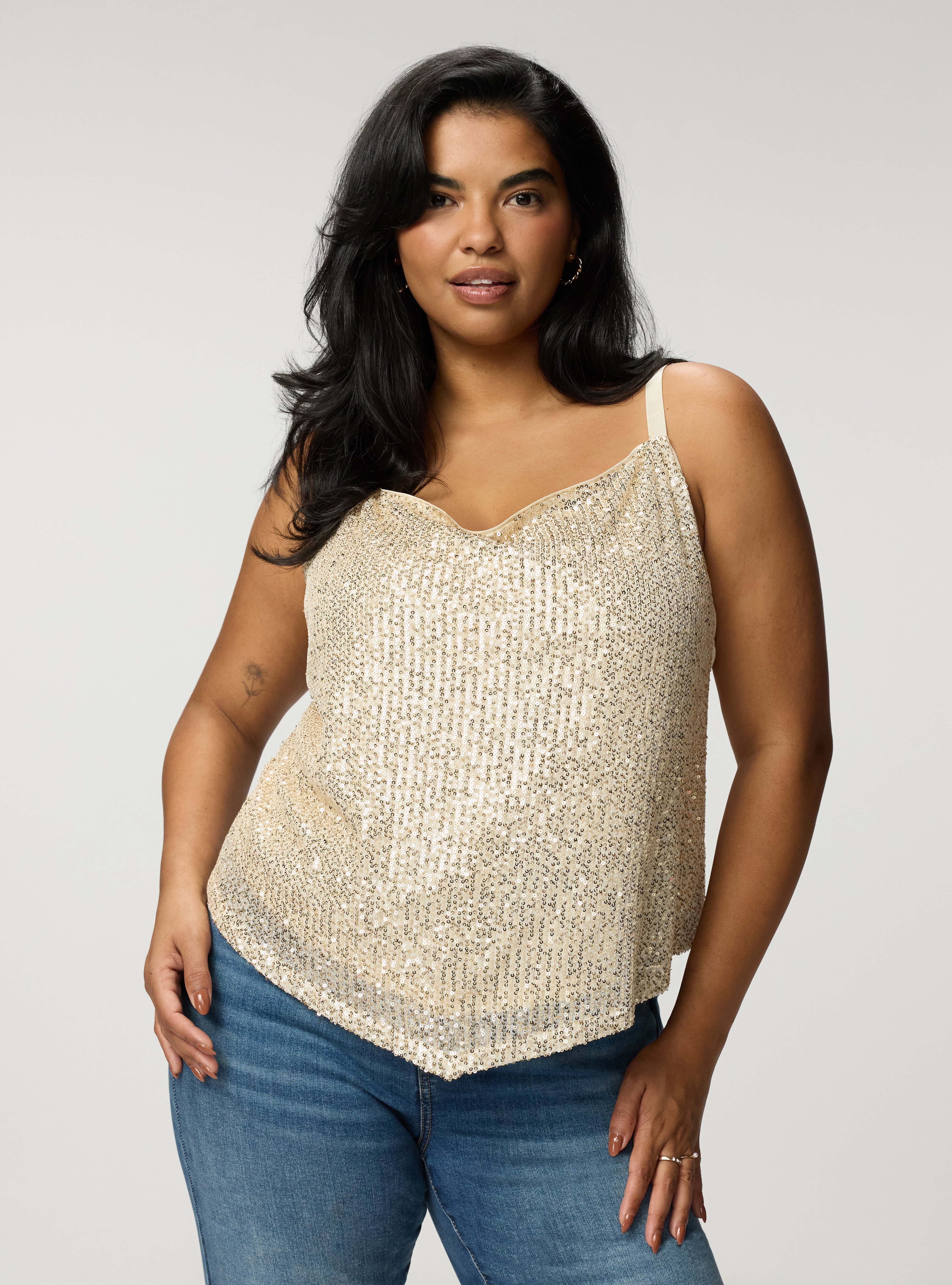 Sequin Hanky Hem Cowl Neck Cami, CHAMPAGNE, hi-res