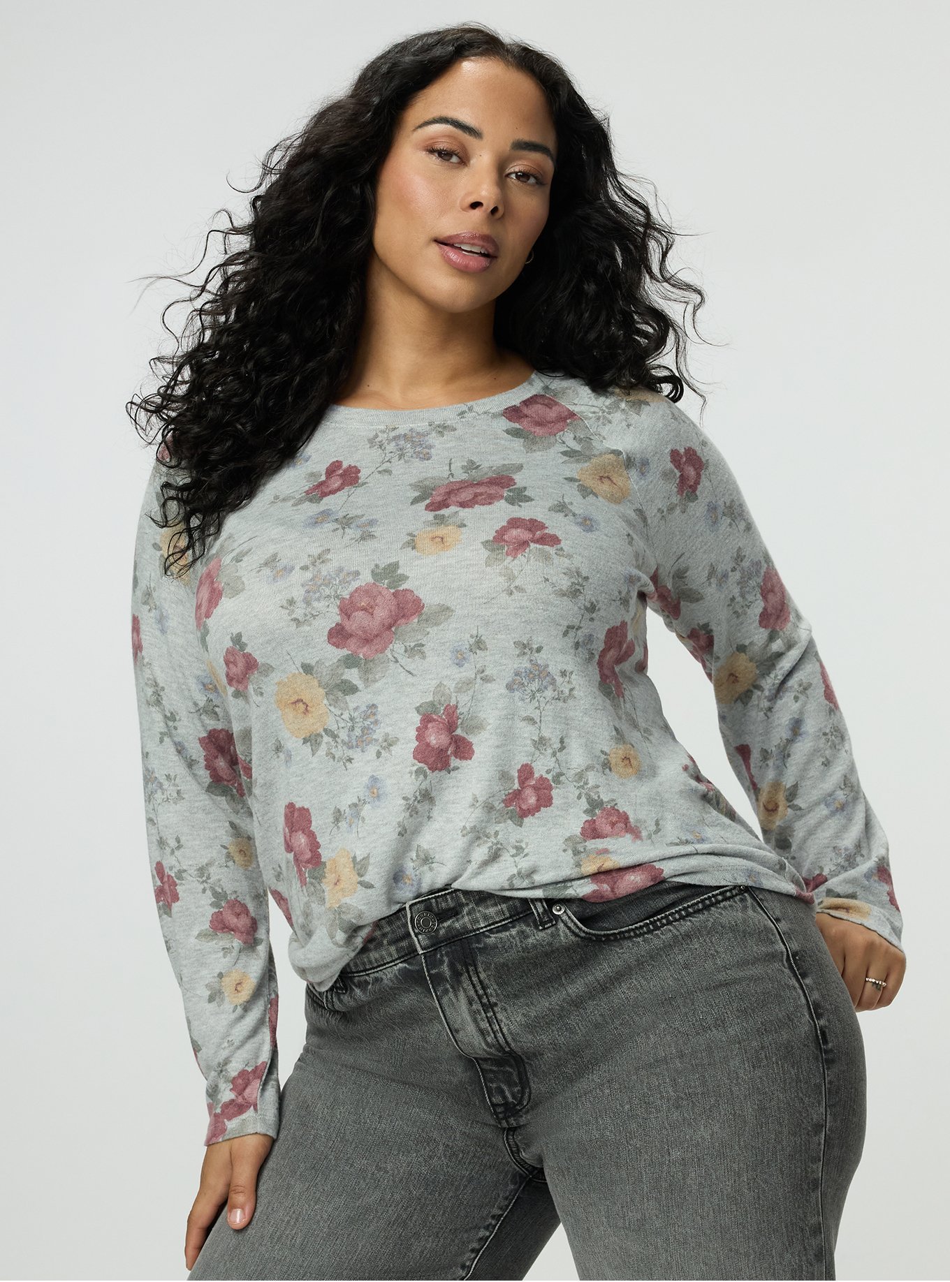 Super Soft Plush Raglan Tee, ODE FLORAL GRAY, alternate
