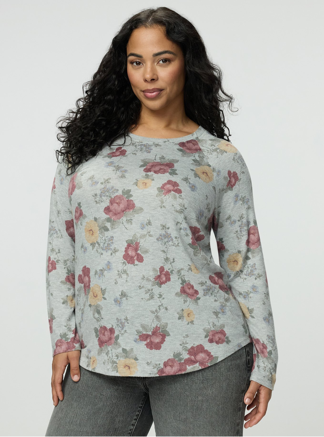 Super Soft Plush Raglan Tee, ODE FLORAL GRAY, hi-res