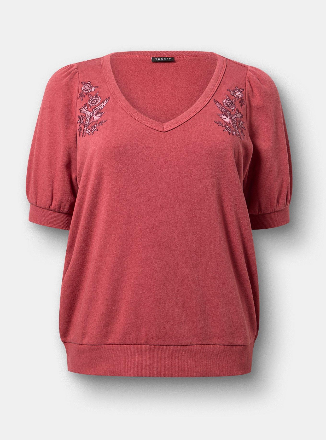 Cozy Fleece Elbow Sleeve V-Neck Sweatshirt, FLORAL BIRDS EARTH RED, flat