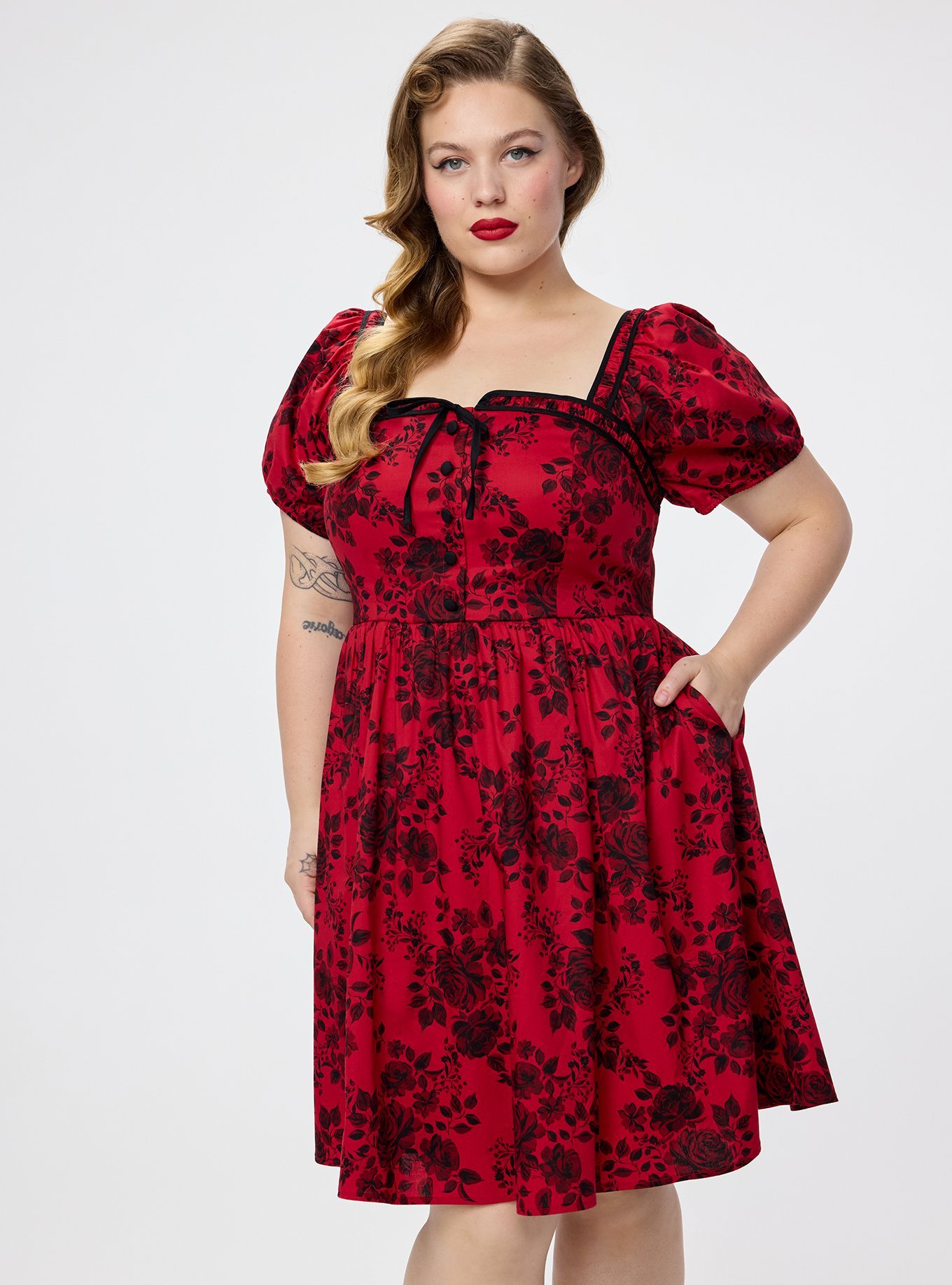 Retro Chic Puff Sleeve Swing Dress, VERONICA FLORAL RED, alternate
