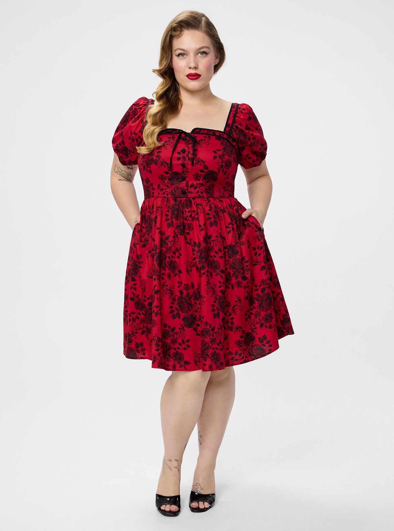 Retro Chic Puff Sleeve Swing Dress, VERONICA FLORAL RED, alternate