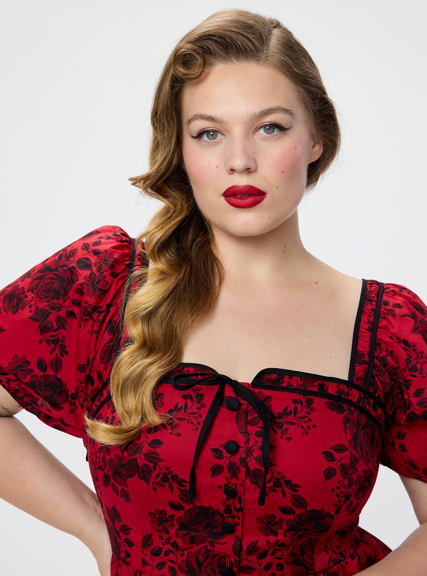 Retro Chic Puff Sleeve Swing Dress, VERONICA FLORAL RED, alternate