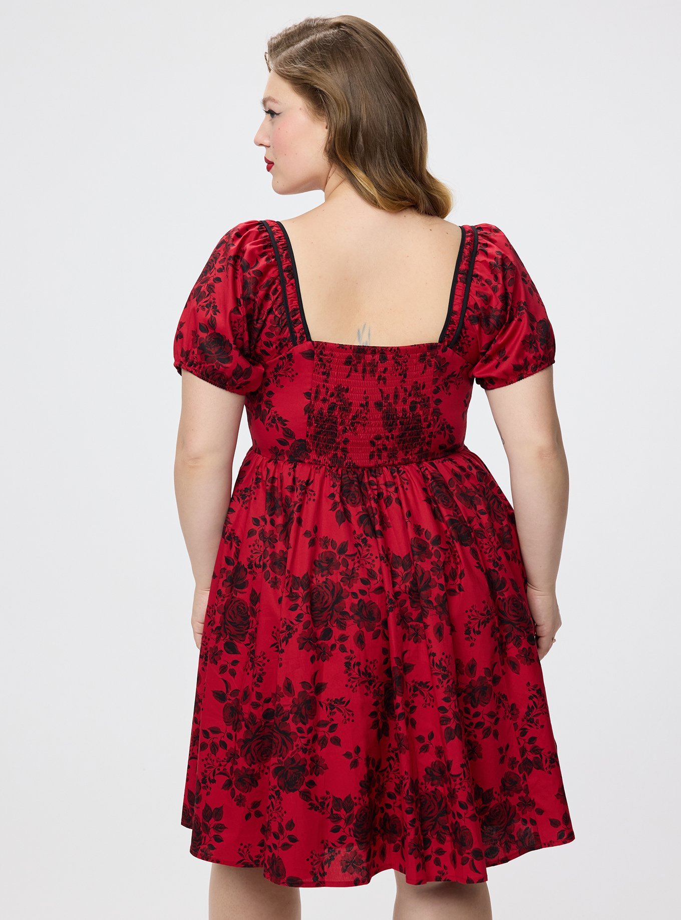 Retro Chic Puff Sleeve Swing Dress, VERONICA FLORAL RED, alternate