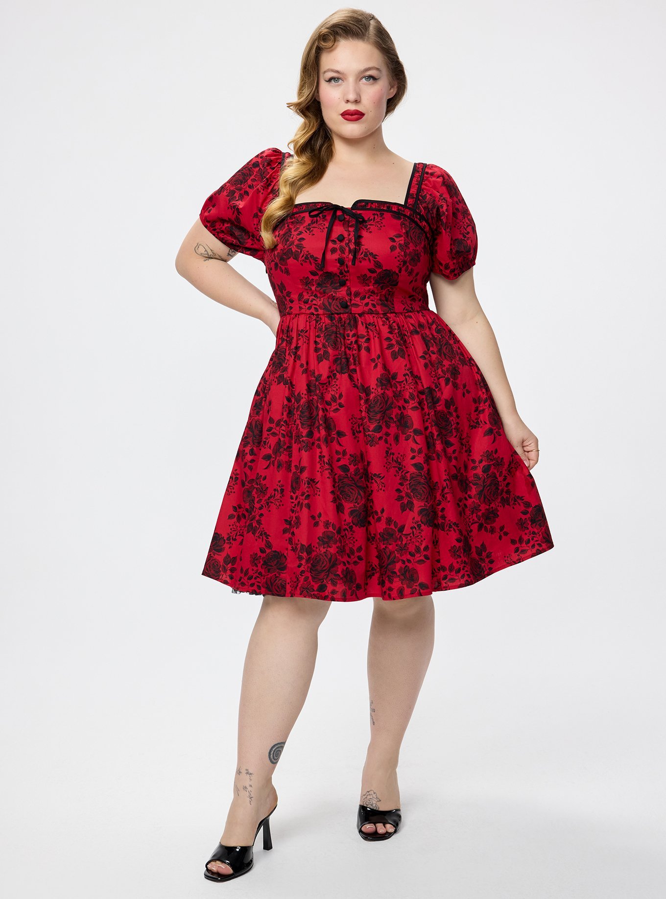 Retro Chic Puff Sleeve Swing Dress, VERONICA FLORAL RED, hi-res