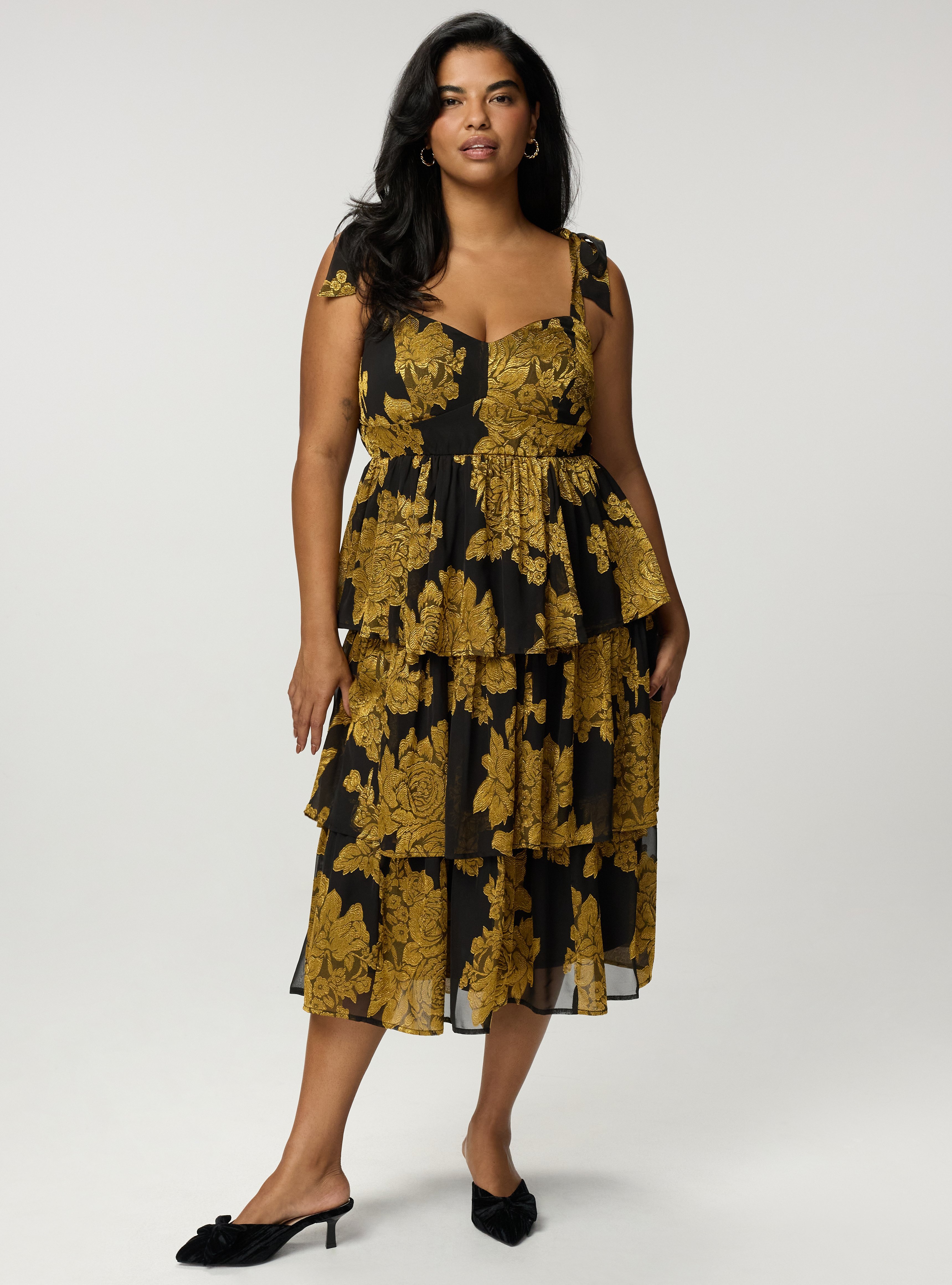［todayful］Strap Jacquard Dress （36） Plus Size - Sweetheart Jacquard Chiffon Tiered Midi Dress - Torrid