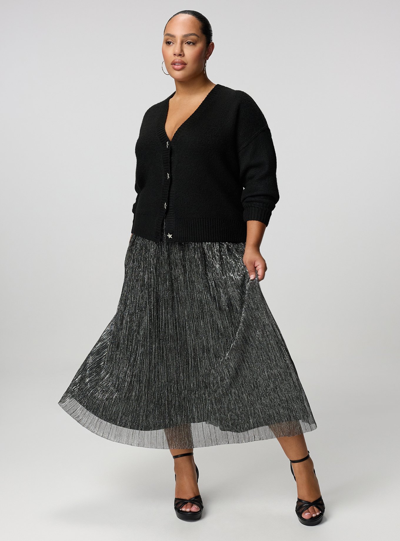 Glitter Knit Plisse Maxi Skirt, BLACK/SILVER PLISSE C#8, hi-res