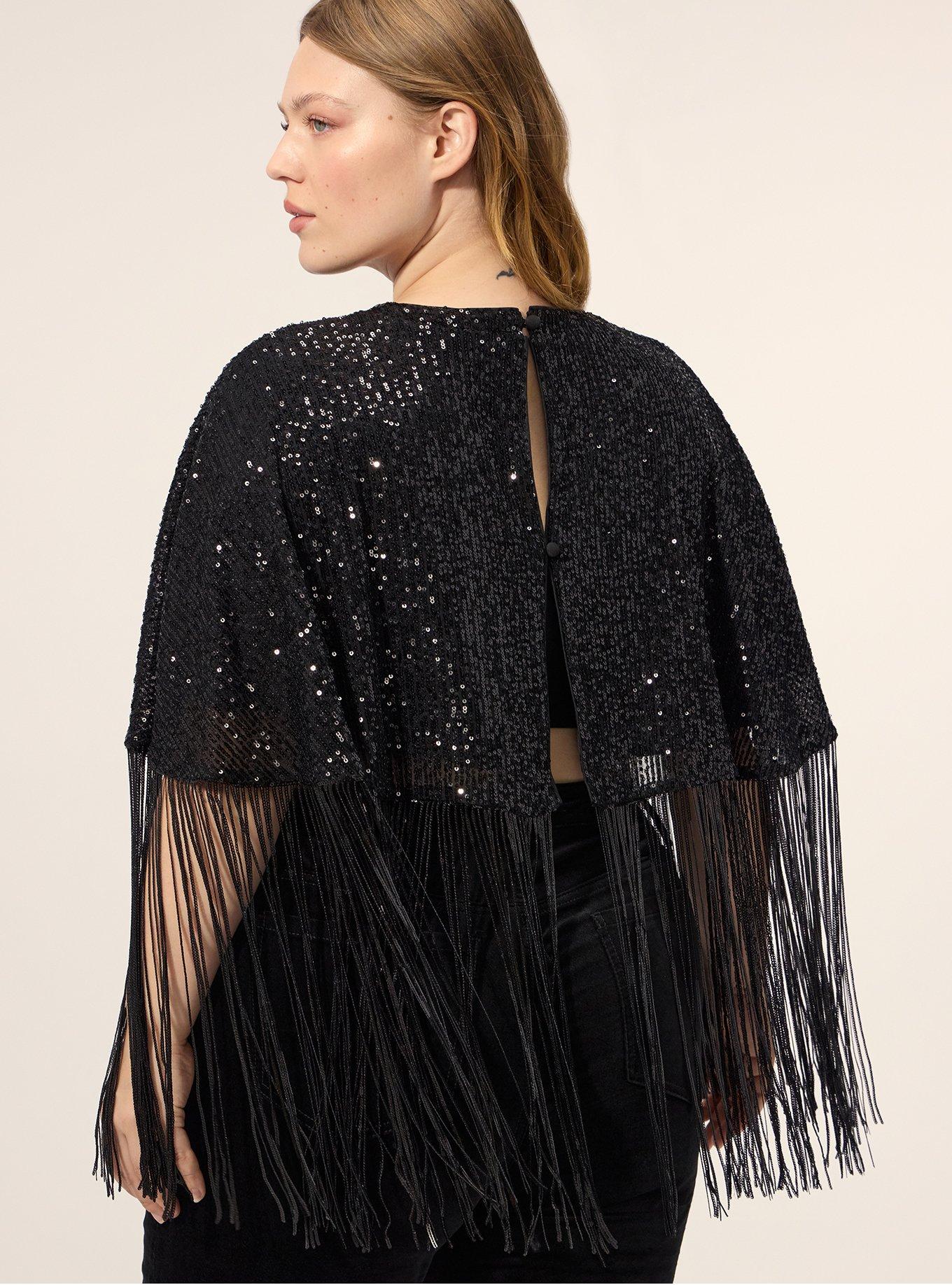Festi Fringe Sequin Cape, DEEP BLACK, alternate