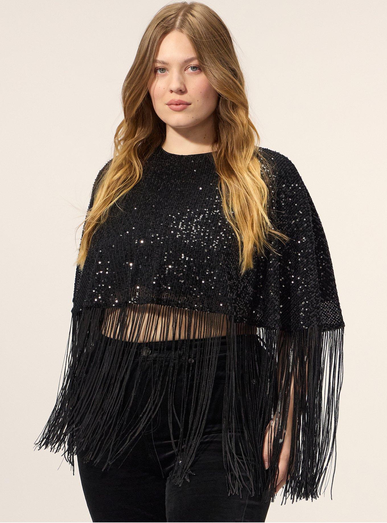 Festi Fringe Sequin Cape, DEEP BLACK, hi-res