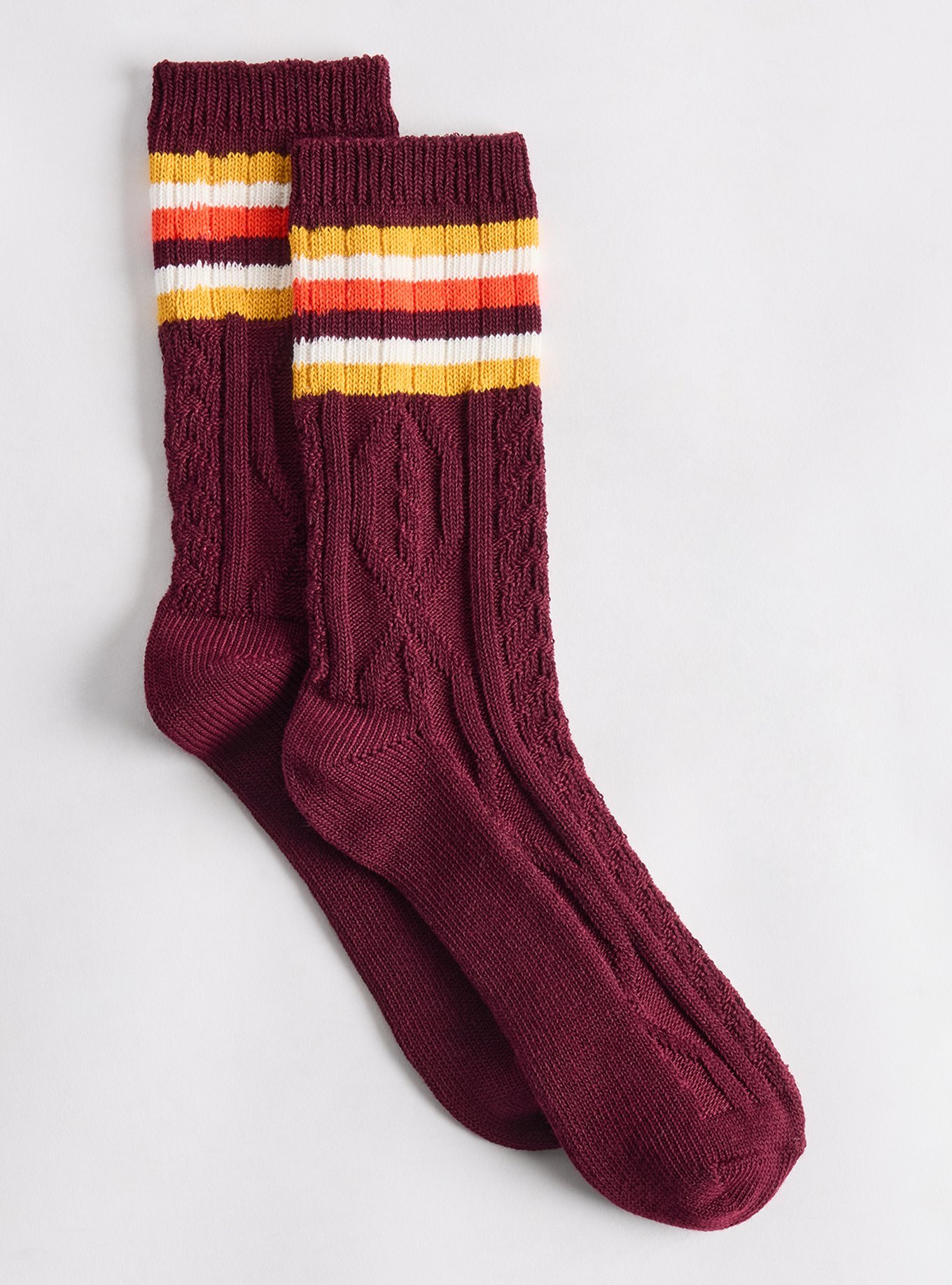 Cable Knit Varsity Crew Sock, WINE, hi-res
