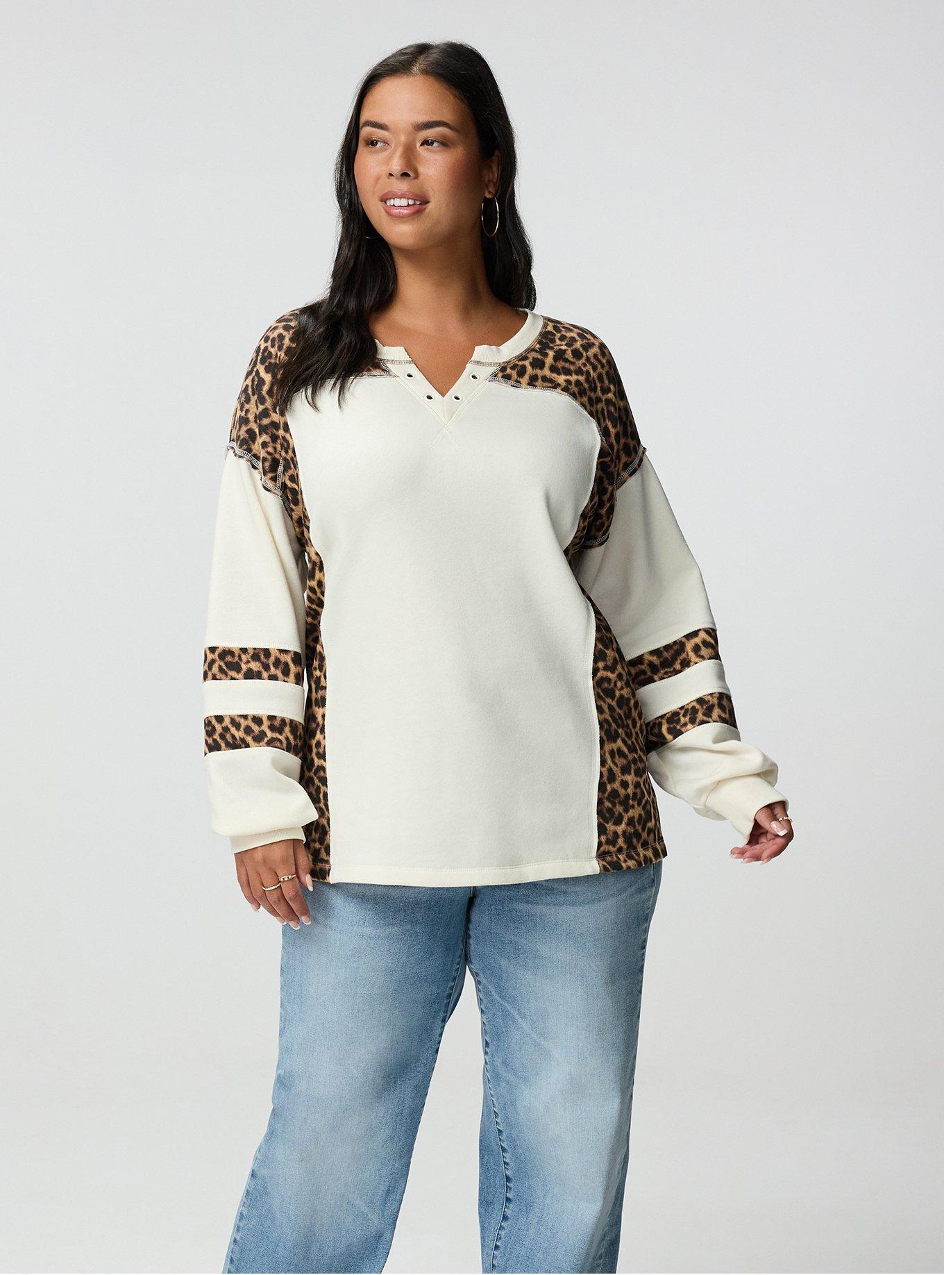 Cozy Fleece Notch Neck Sweatshirt, ON THE PROWL LEOPARD MULTI, alternate