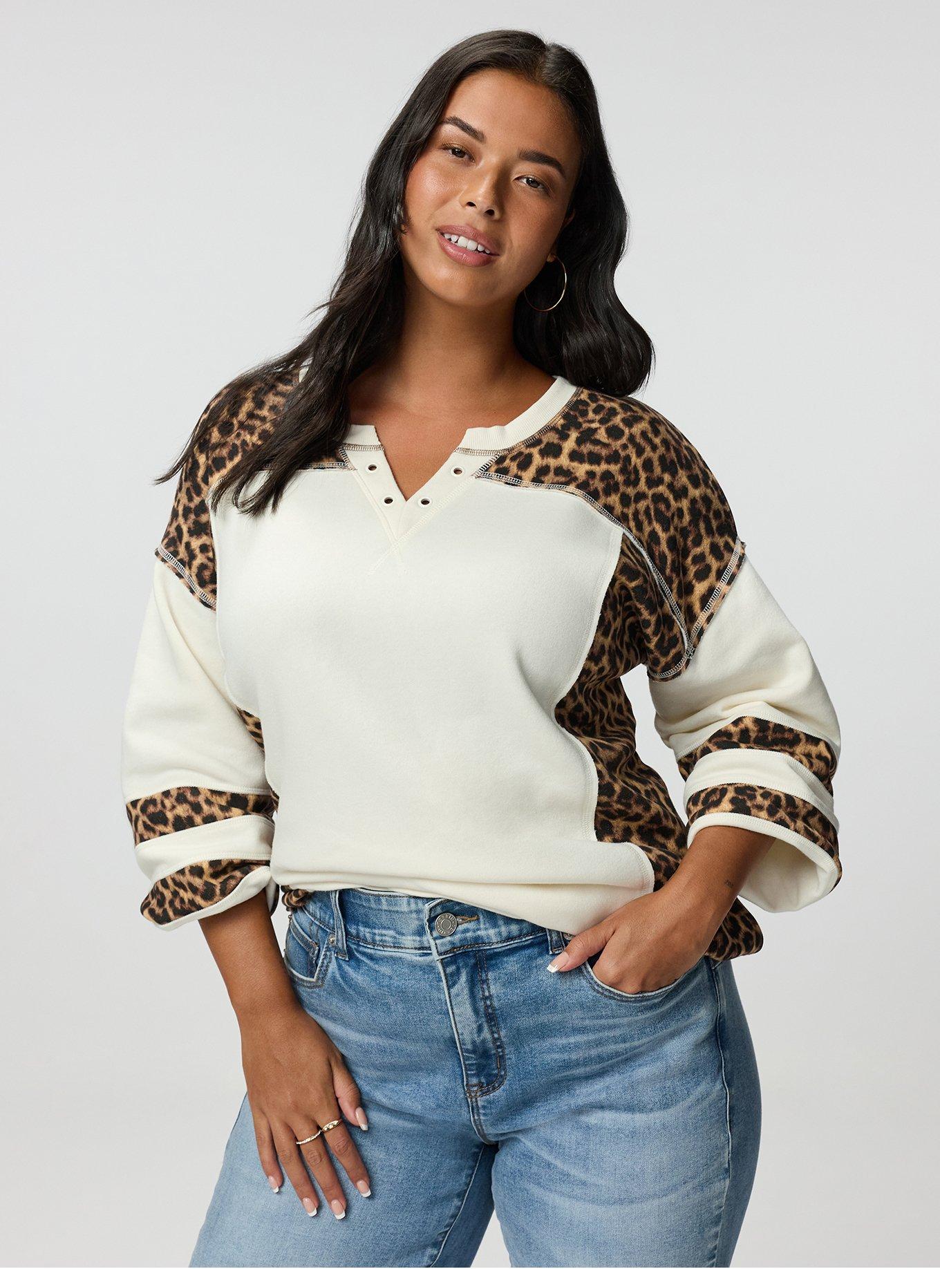 Cozy Fleece Notch Neck Sweatshirt, ON THE PROWL LEOPARD MULTI, alternate