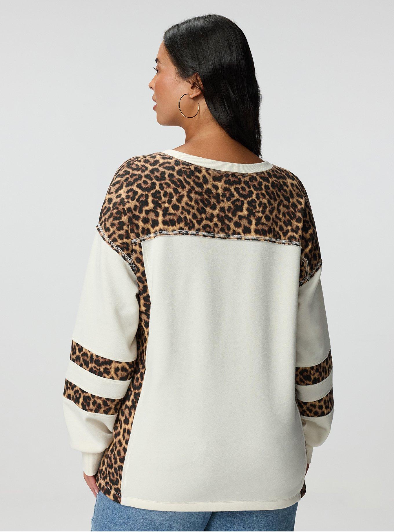 Cozy Fleece Notch Neck Sweatshirt, ON THE PROWL LEOPARD MULTI, alternate