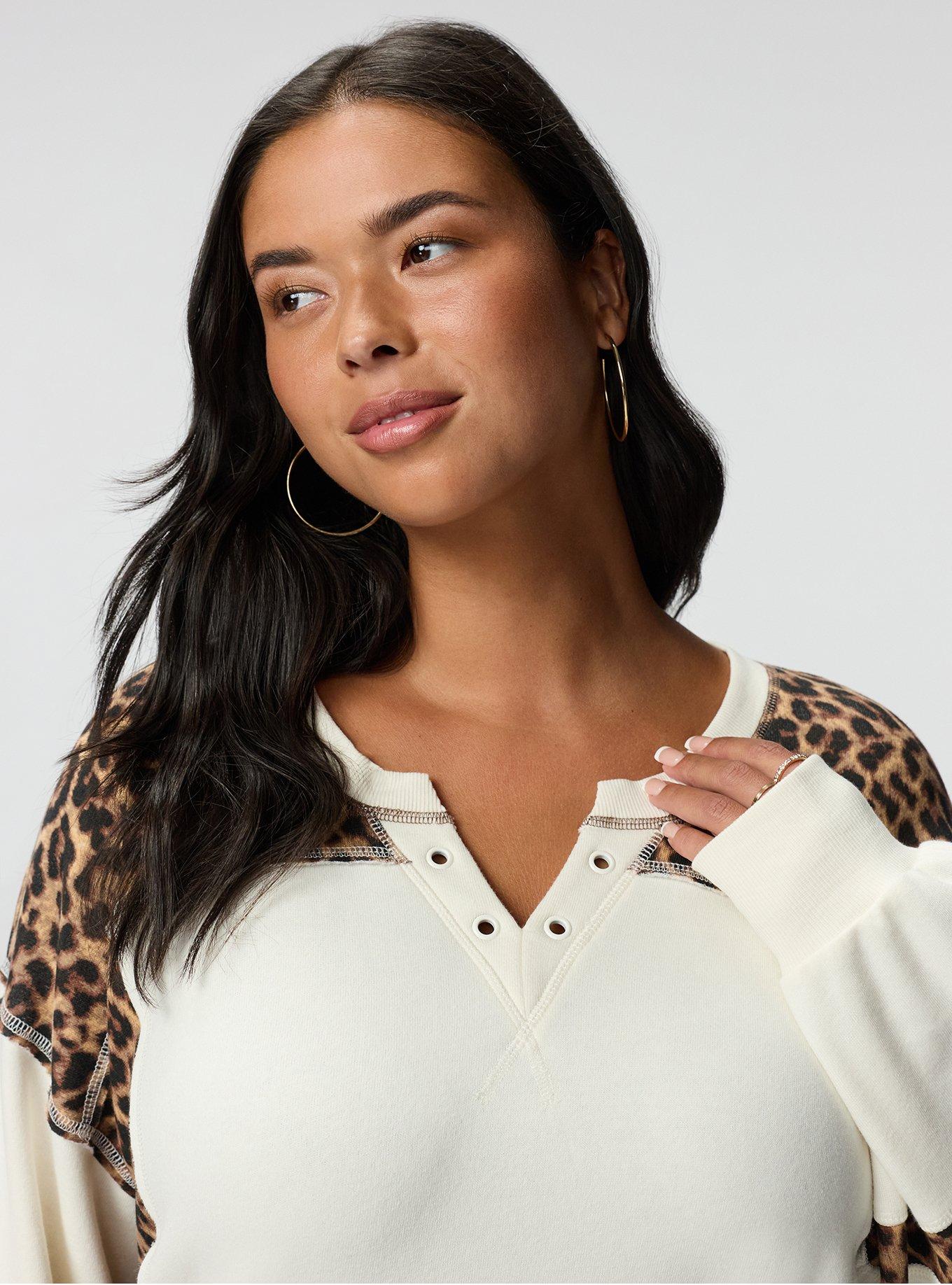 Cozy Fleece Notch Neck Sweatshirt, ON THE PROWL LEOPARD MULTI, alternate