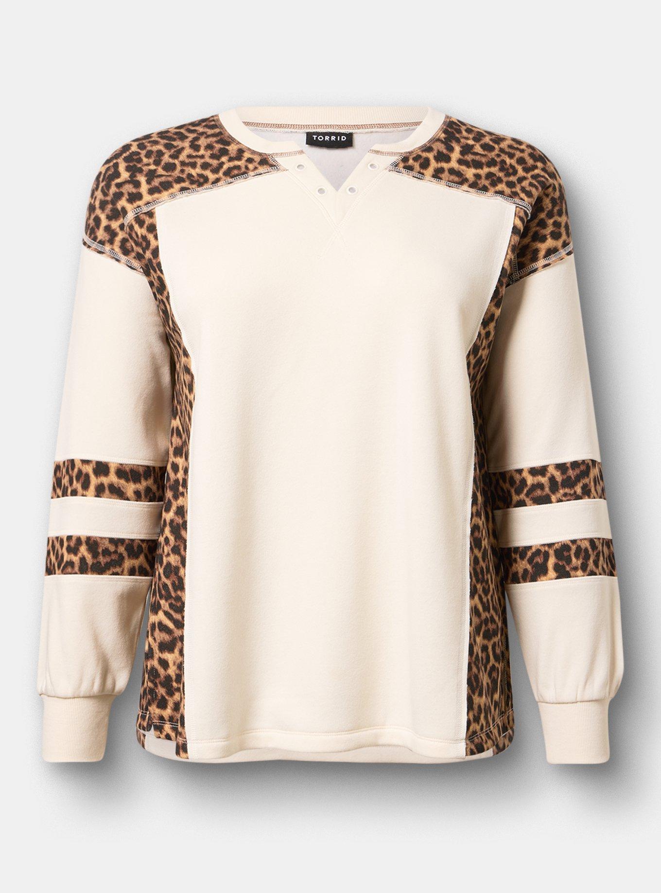 Cozy Fleece Notch Neck Sweatshirt, ON THE PROWL LEOPARD MULTI, flat
