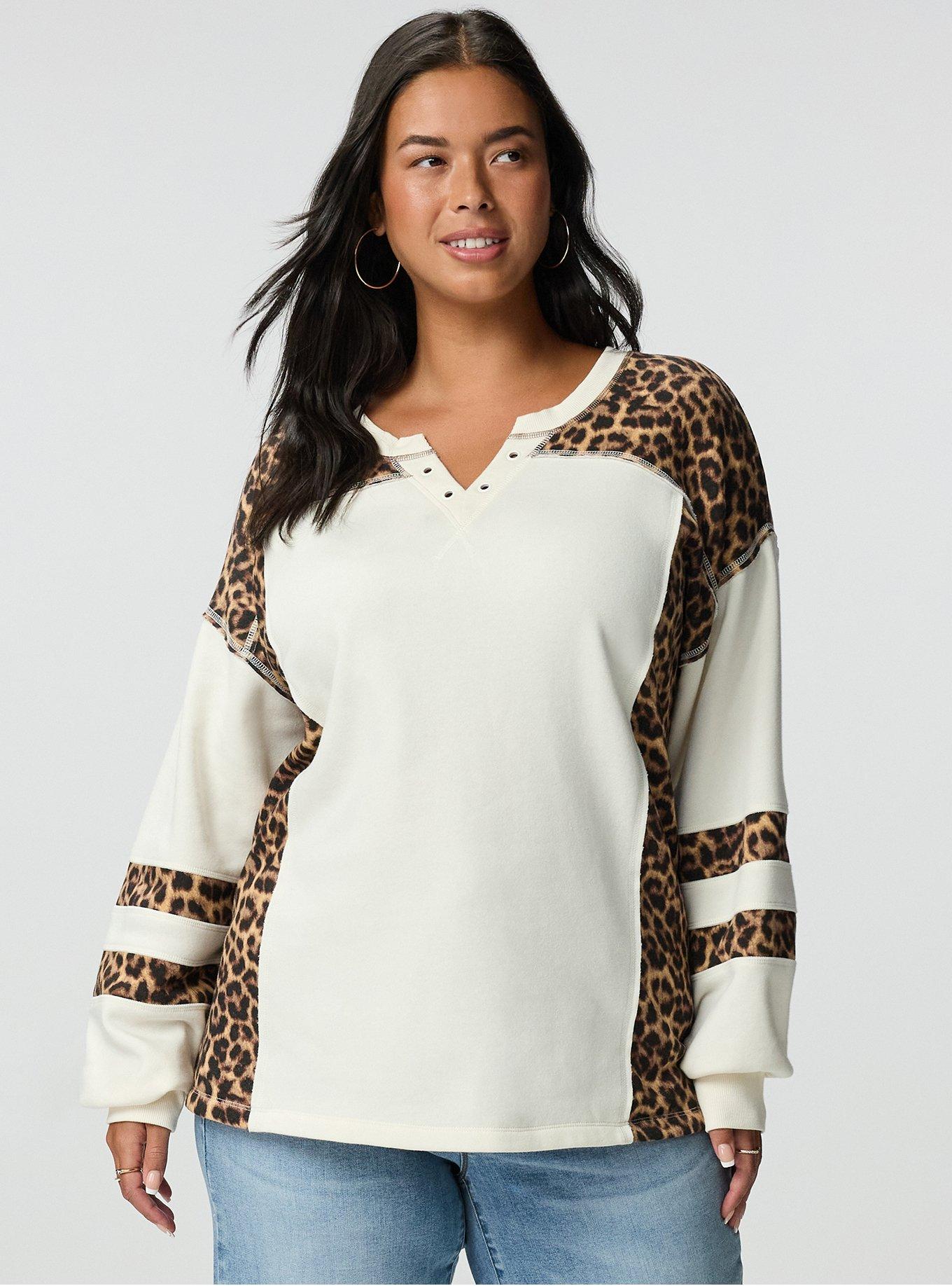Cozy Fleece Notch Neck Sweatshirt, ON THE PROWL LEOPARD MULTI, hi-res