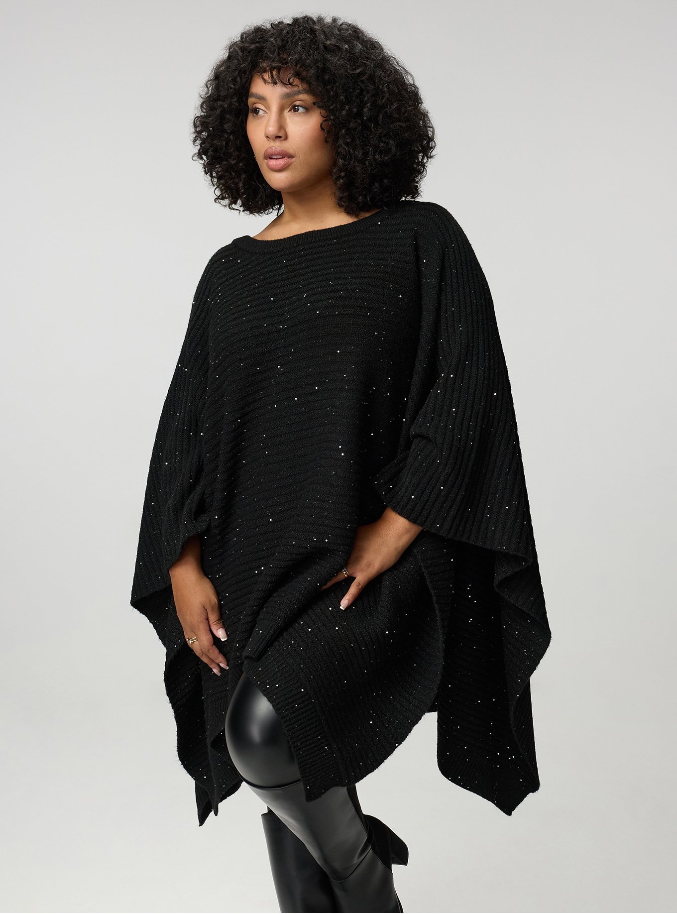 Plus Size Shine Knit Poncho, BLACK, alternate