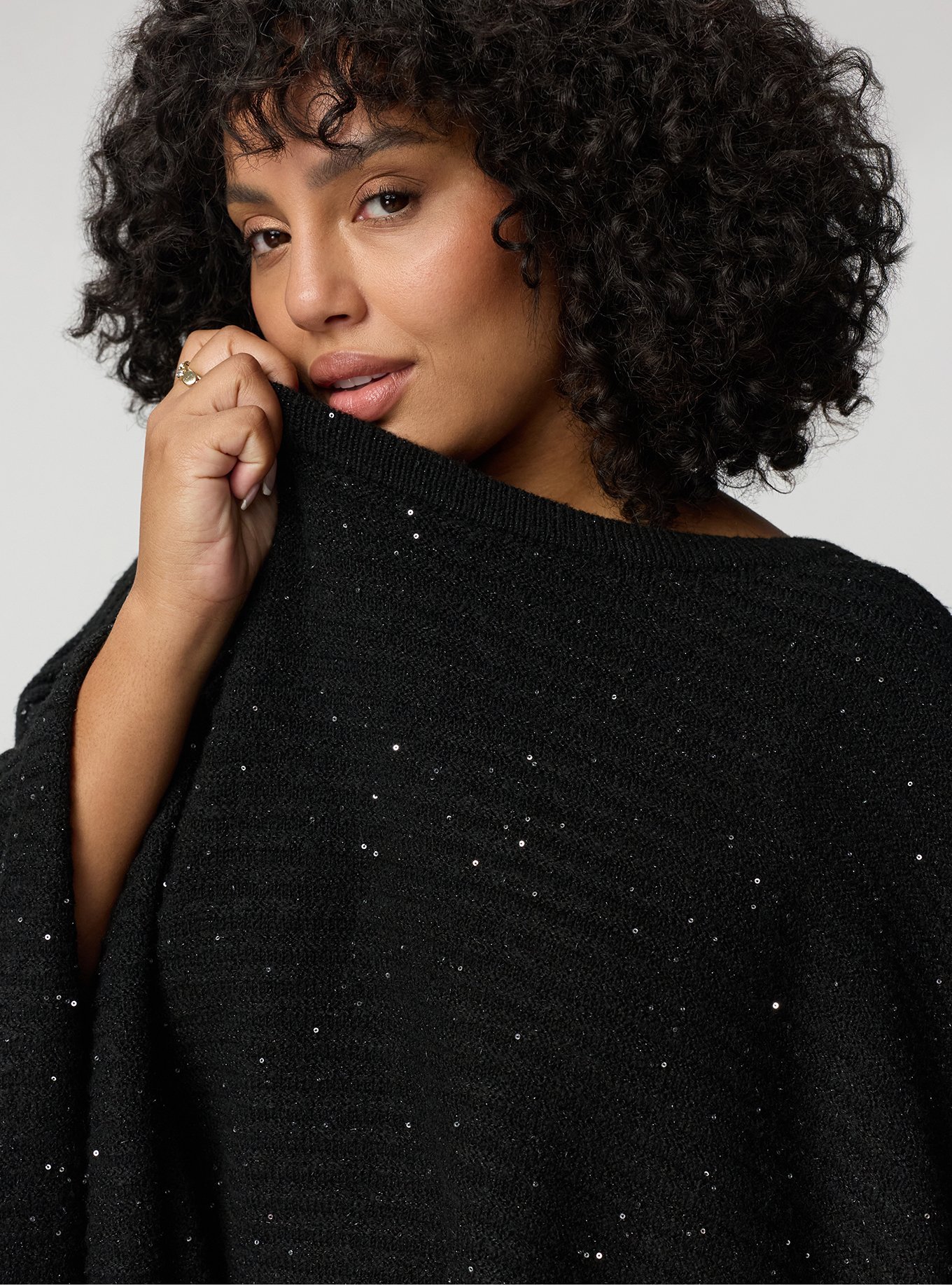 Plus Size Shine Knit Poncho, BLACK, alternate