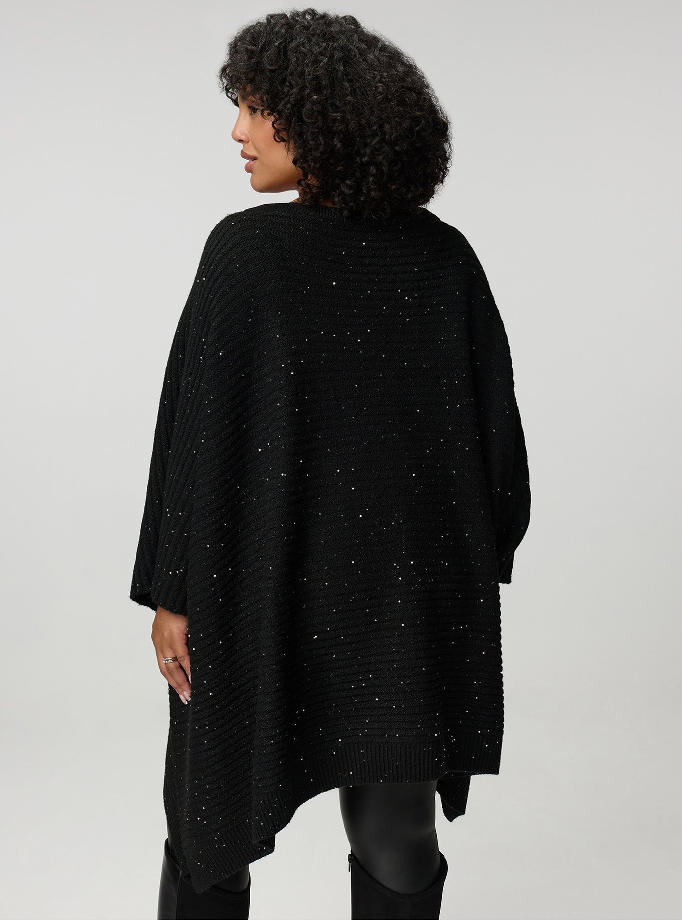 Plus Size Shine Knit Poncho, BLACK, alternate