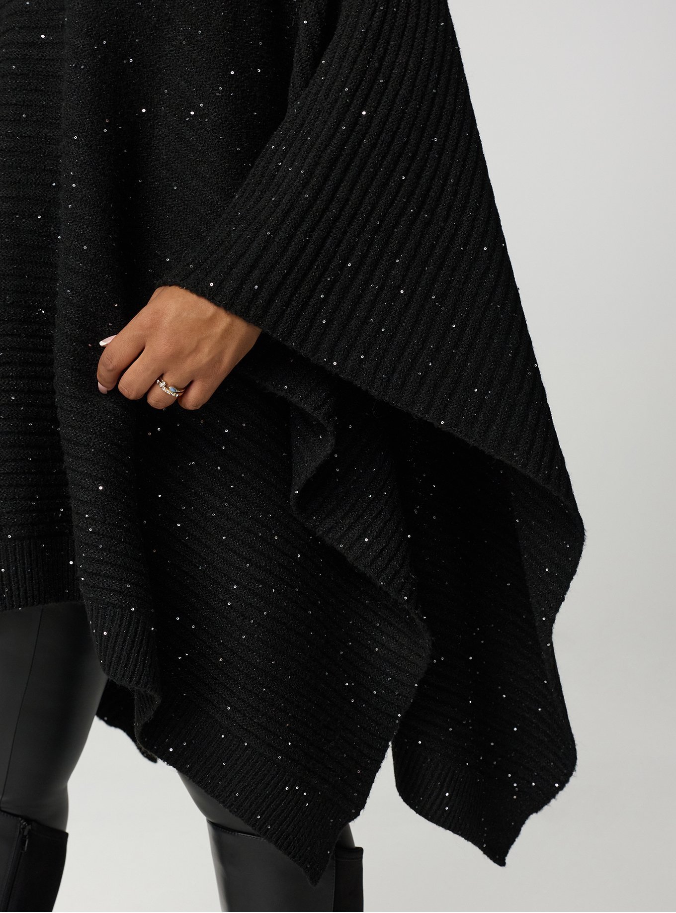 Plus Size Shine Knit Poncho, BLACK, alternate