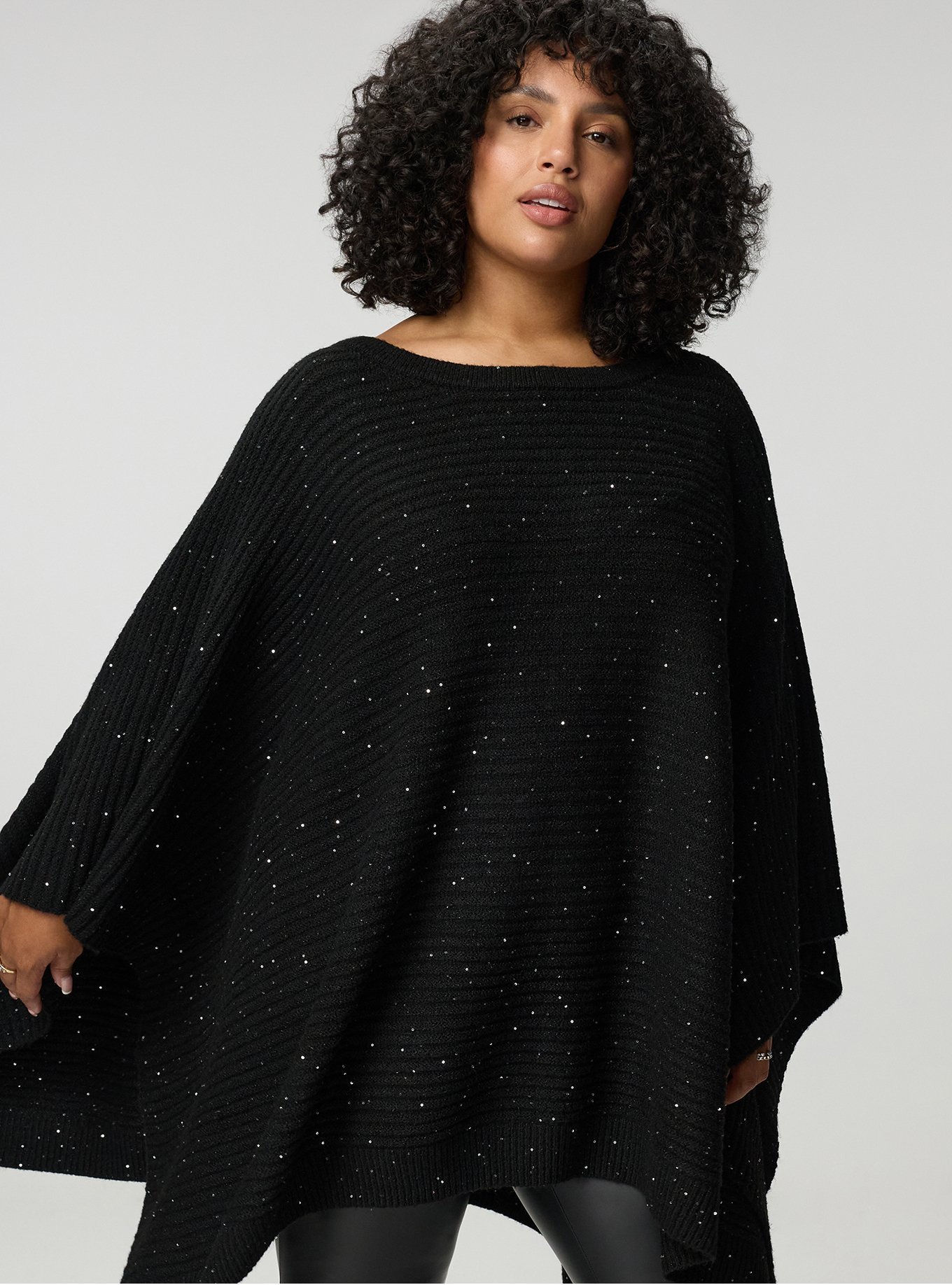 Plus Size Shine Knit Poncho, BLACK, alternate