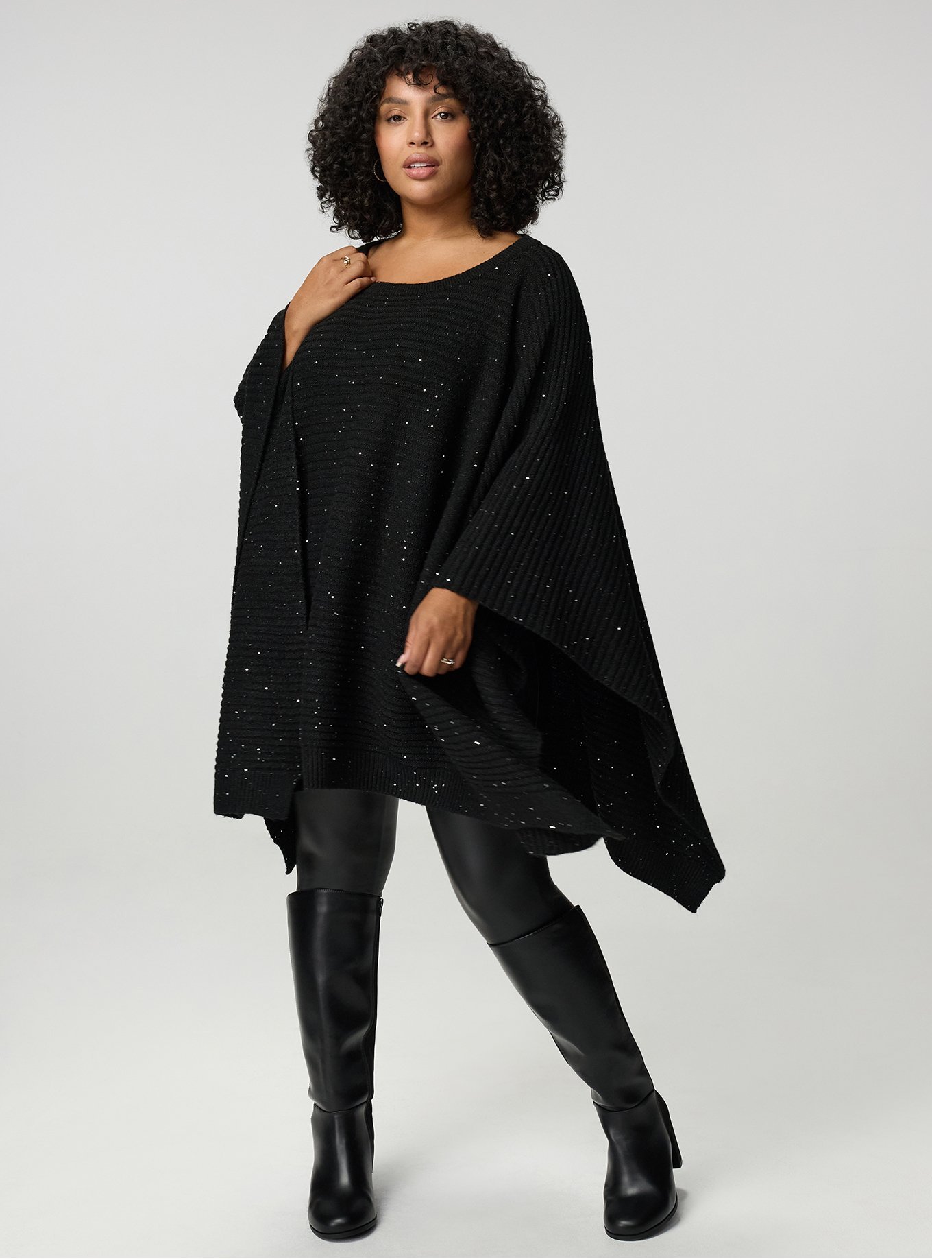 Plus Size Shine Knit Poncho, BLACK, hi-res