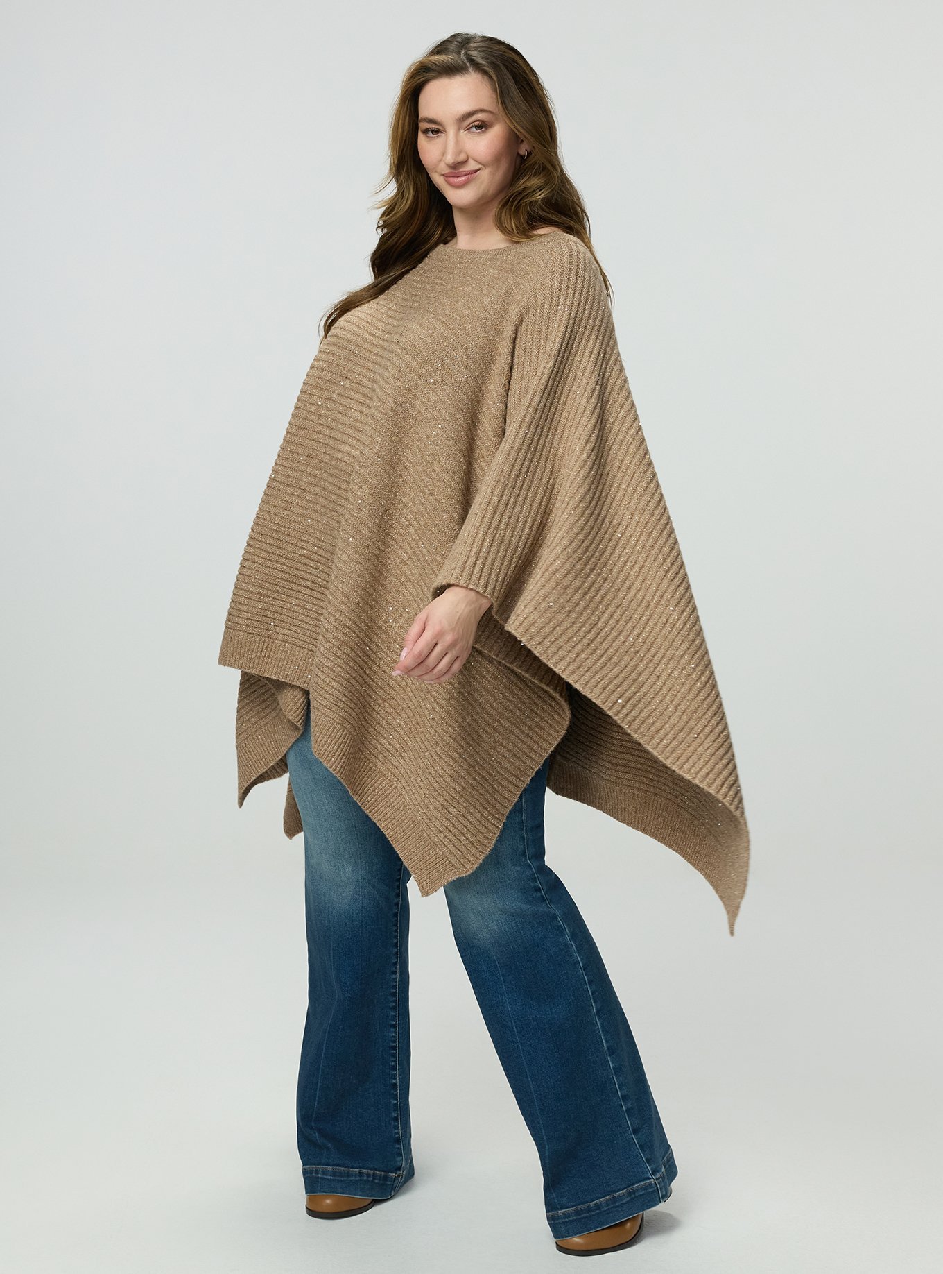 Plus Size Shine Knit Poncho, TAN-TAUPE, alternate