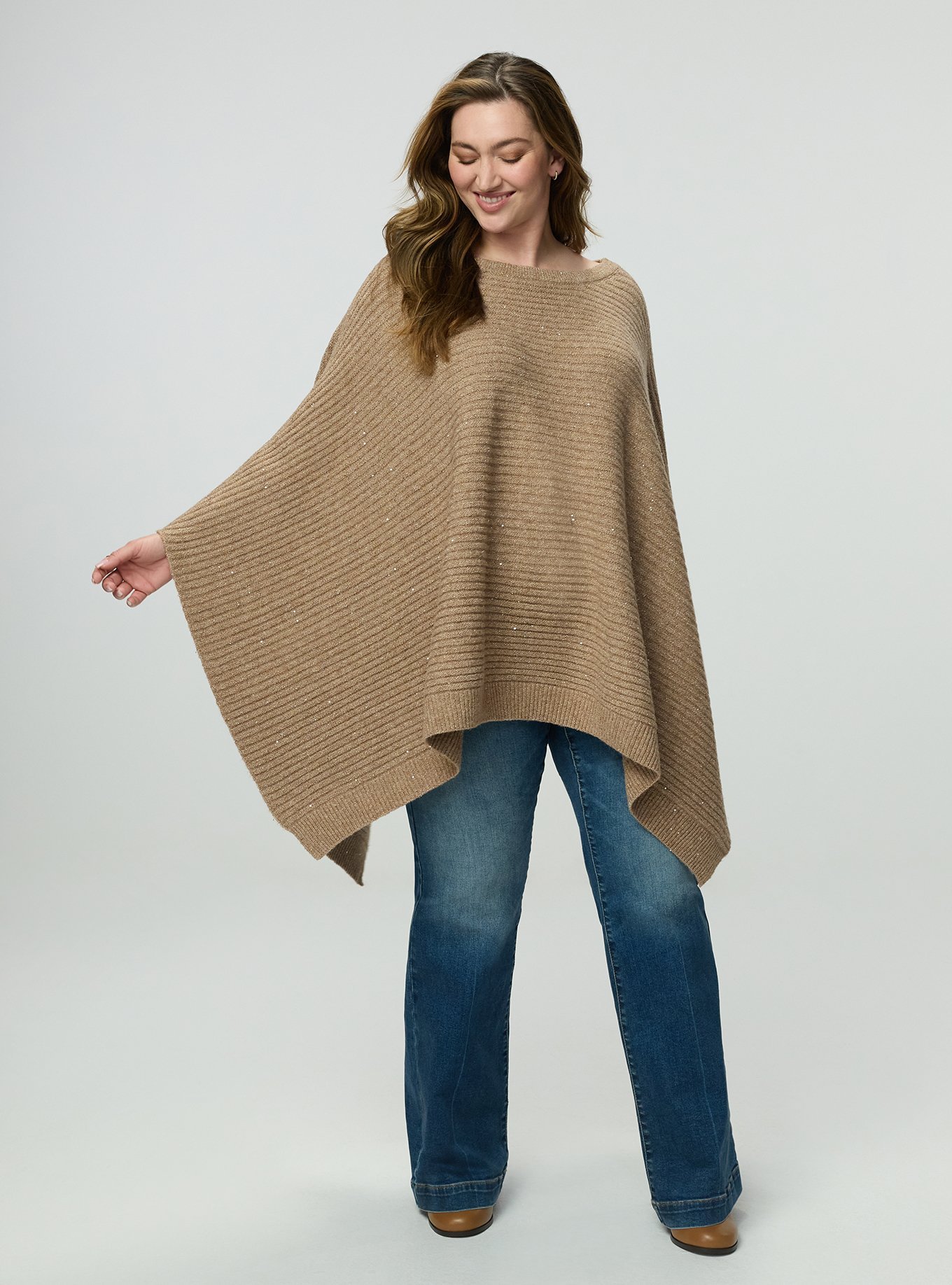 Plus Size Shine Knit Poncho, TAN-TAUPE, alternate