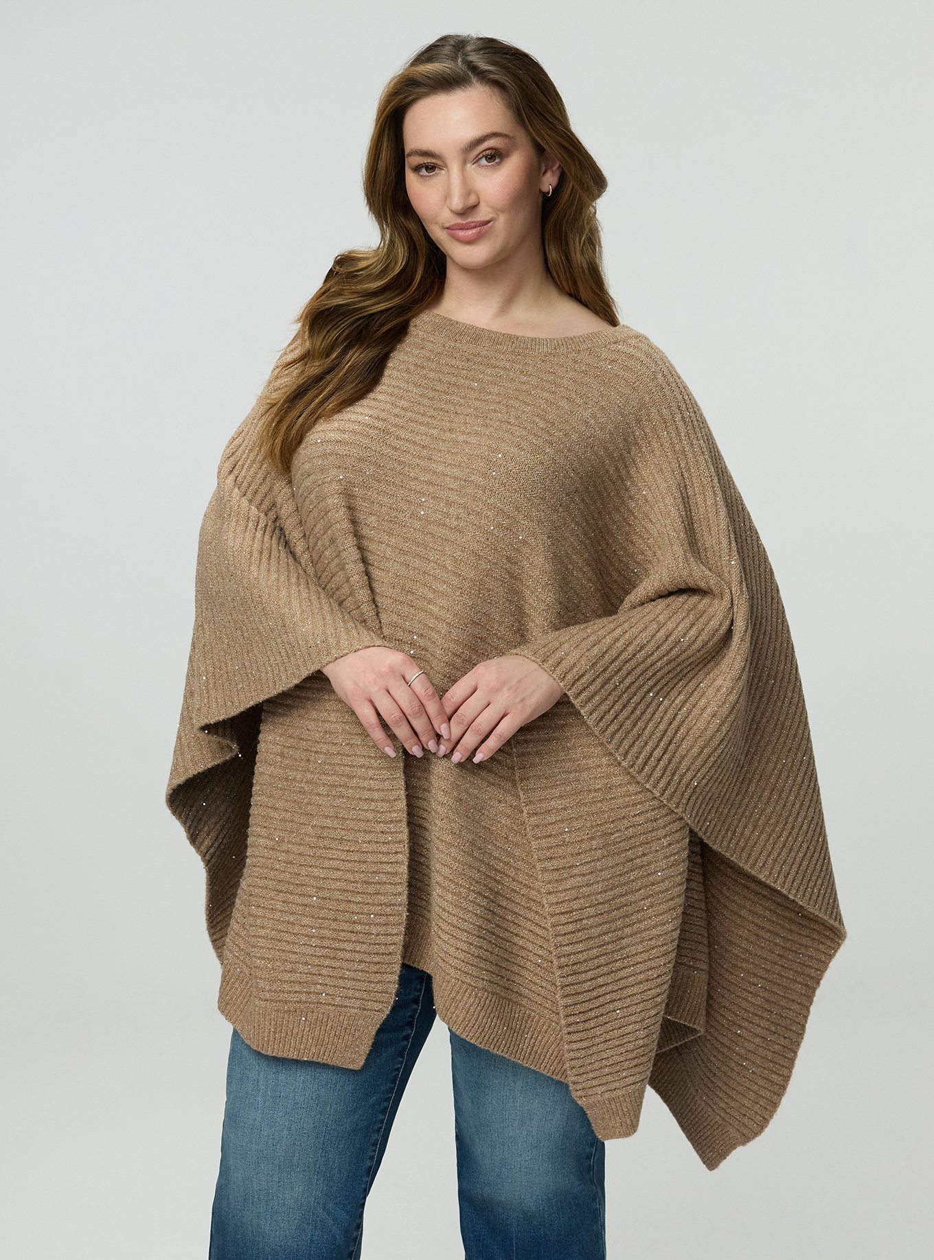 Plus Size Shine Knit Poncho, TAN-TAUPE, hi-res