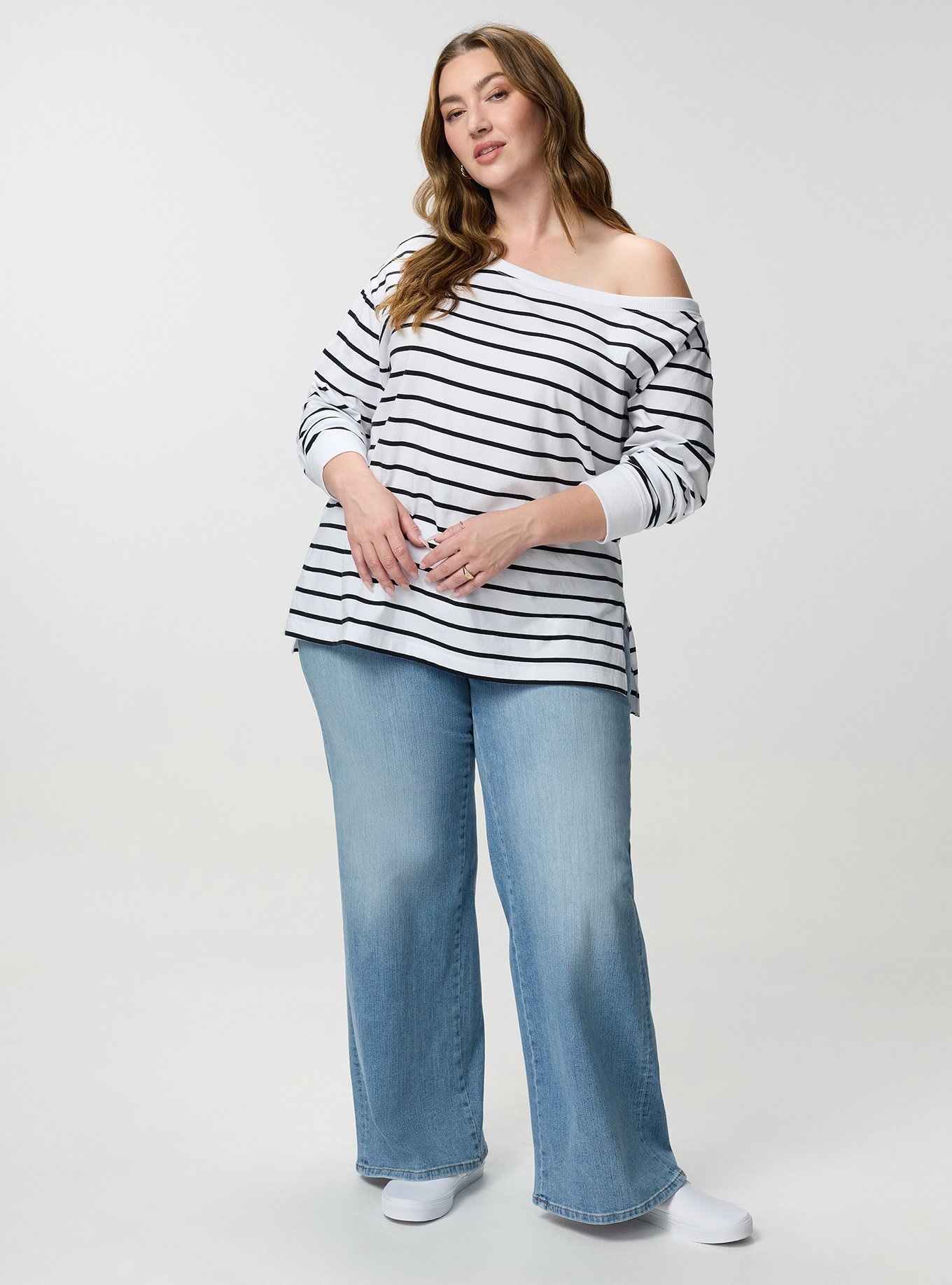 Heavy Jersey Off Shoulder Tee, BRIGHT WHITE DEEP BLACK STRIPE, alternate