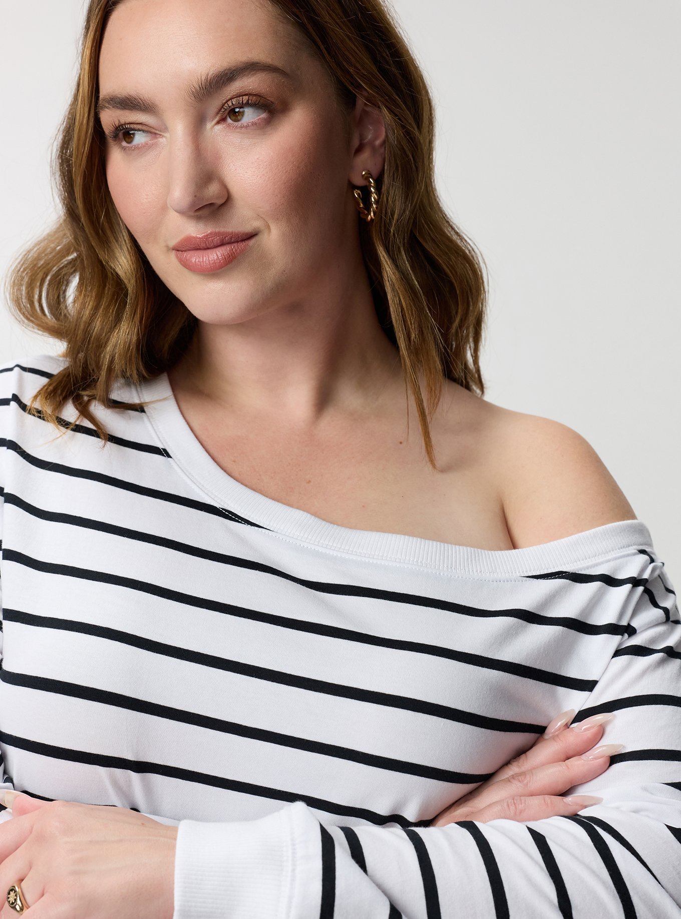 Heavy Jersey Off Shoulder Tee, BRIGHT WHITE DEEP BLACK STRIPE, alternate