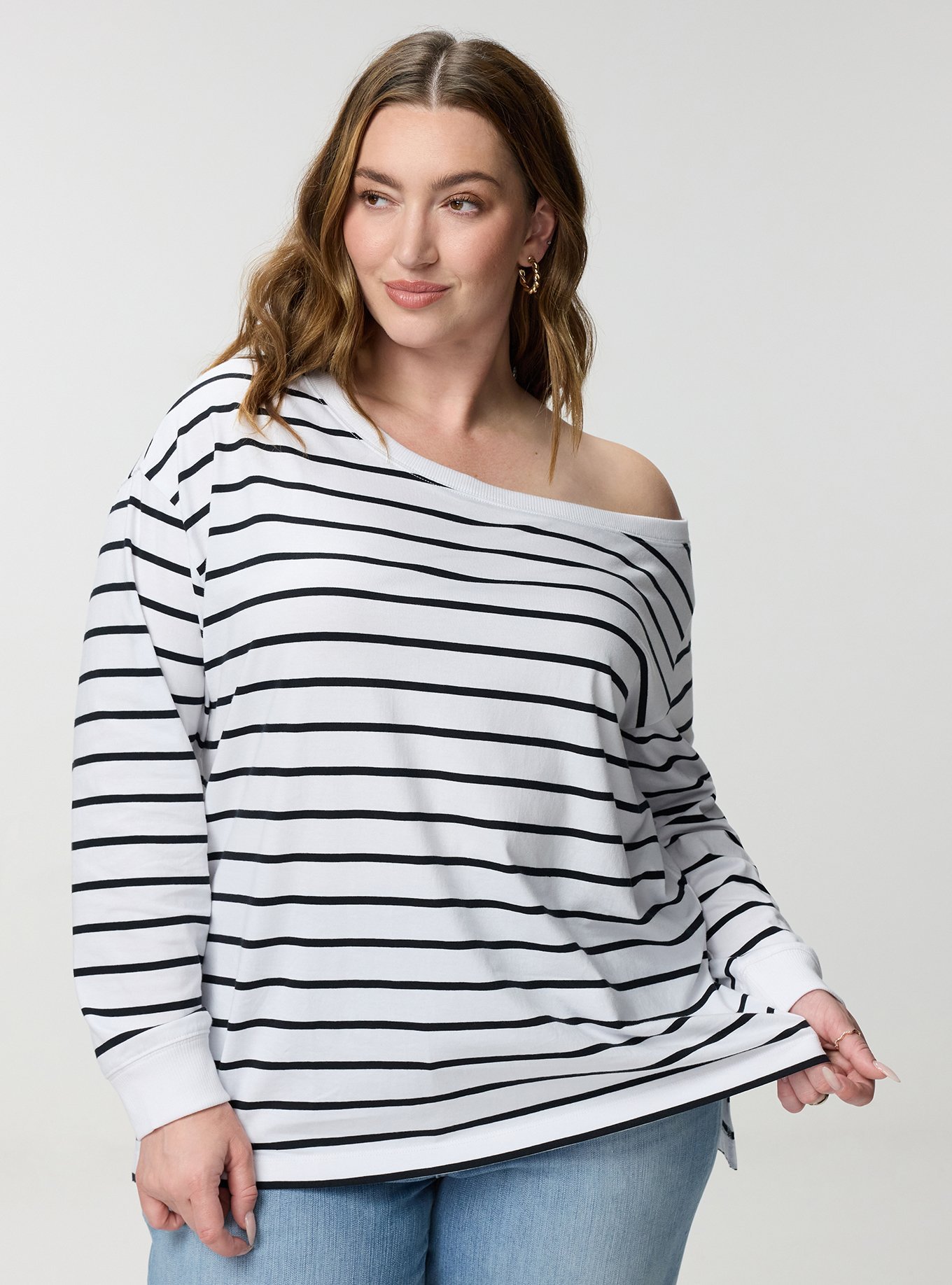 Heavy Jersey Off Shoulder Tee, BRIGHT WHITE DEEP BLACK STRIPE, hi-res
