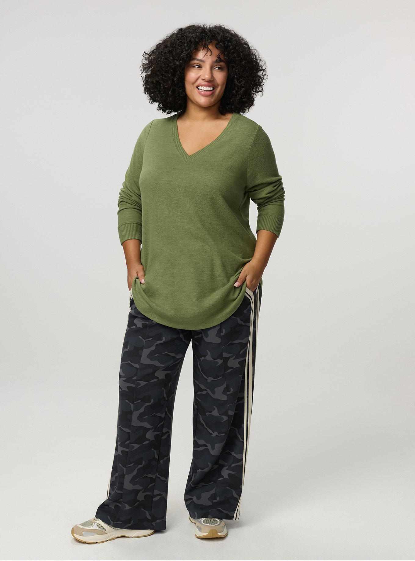 Super Soft Plush V-Neck Shirttail Tunic Sweatshirt, OLIVINE, alternate