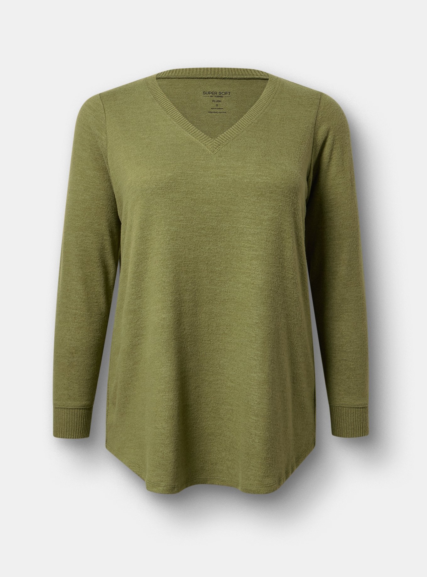 Super Soft Plush V-Neck Shirttail Tunic Sweatshirt, OLIVINE, hi-res