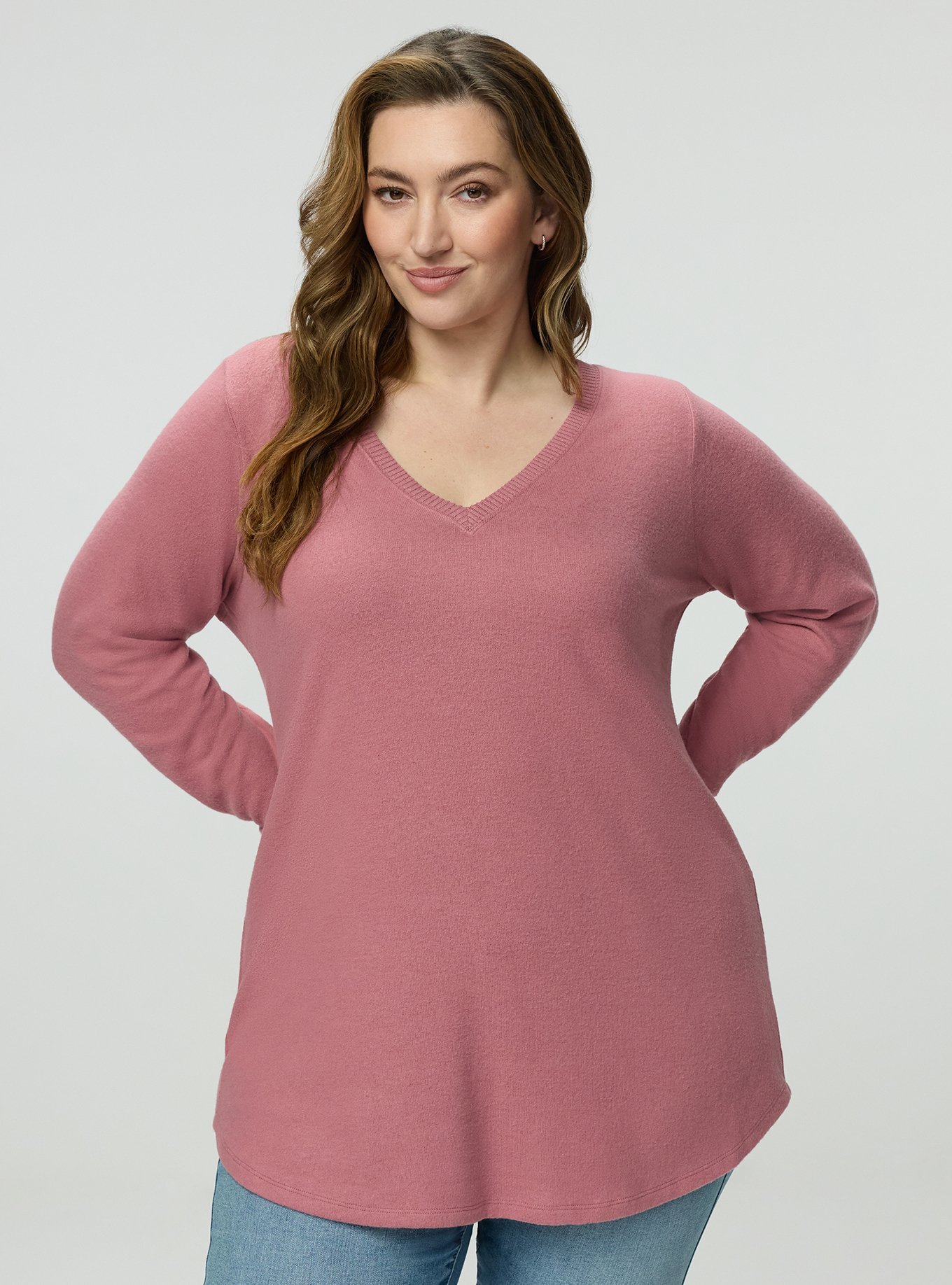 Super Soft Plush V-Neck Shirttail Tunic Sweatshirt, MESA ROSE, alternate