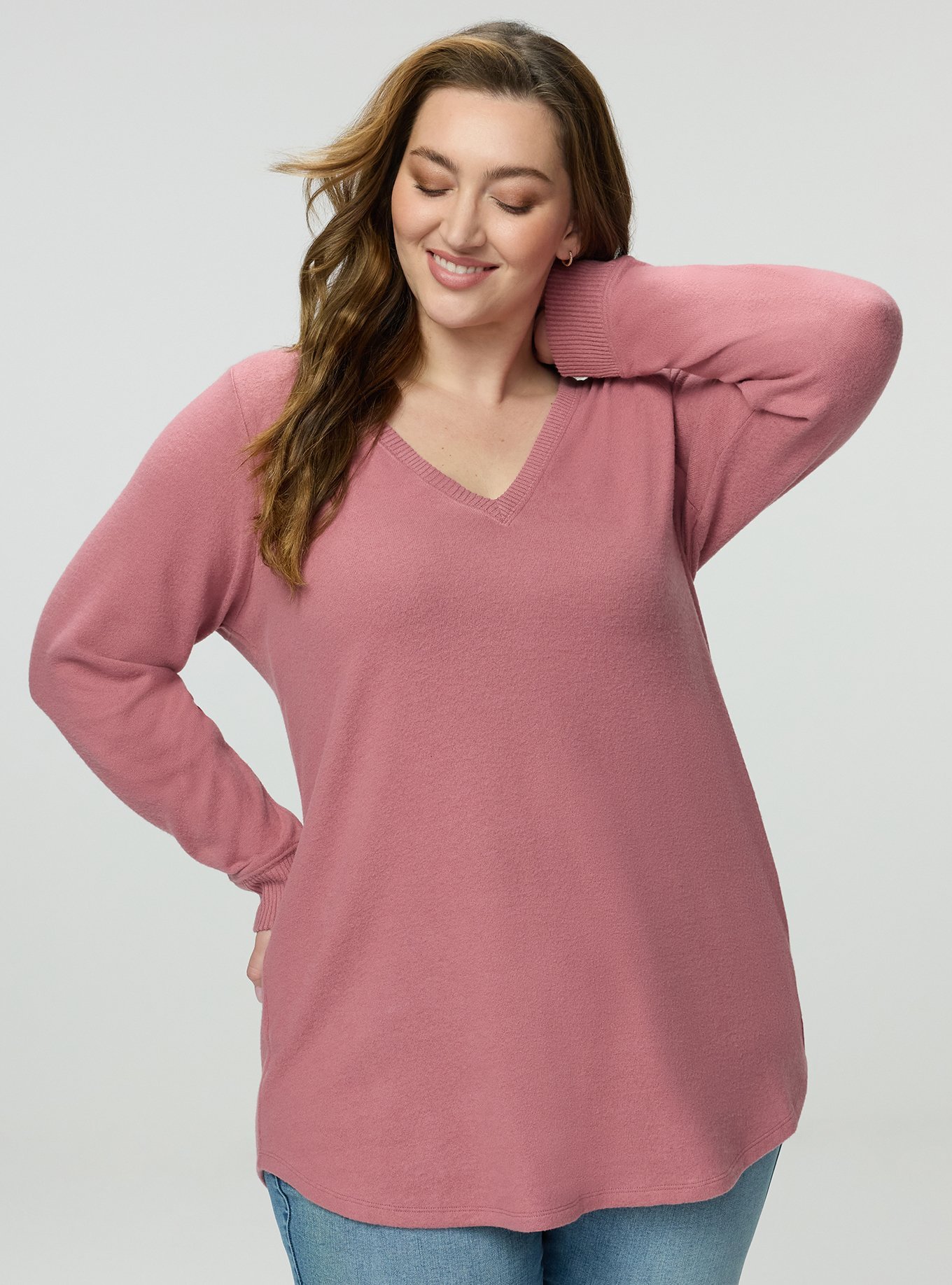 Super Soft Plush V-Neck Shirttail Tunic Sweatshirt, MESA ROSE, hi-res
