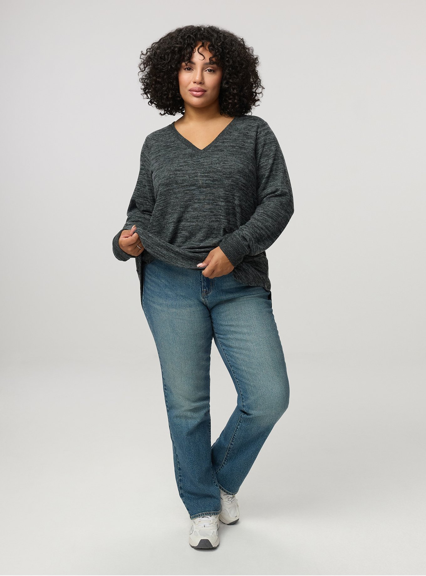 Super Soft Plush V-Neck Shirttail Tunic Sweatshirt, DEEP BLACK W/ GRAY MARL, alternate