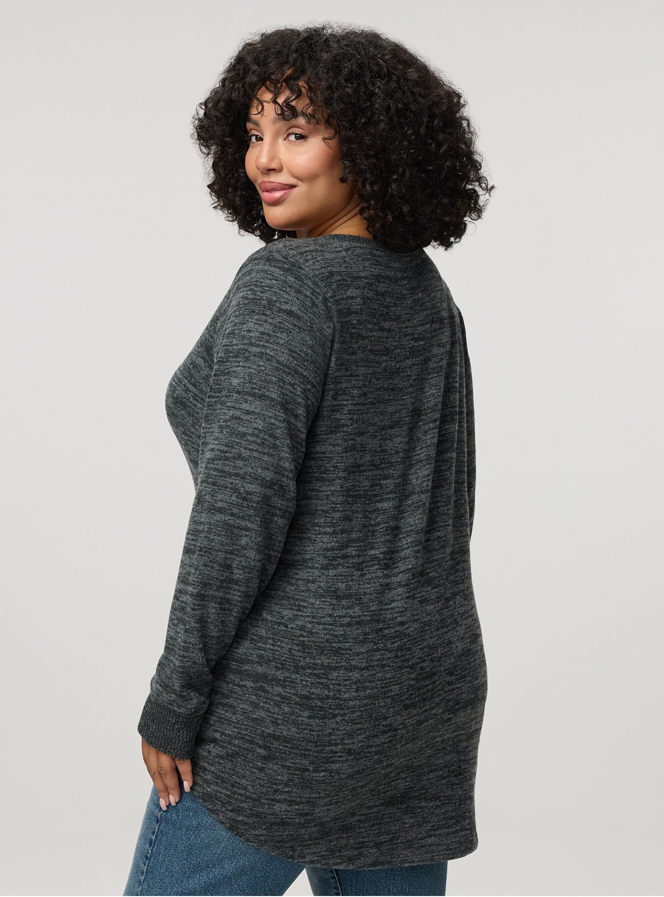 Super Soft Plush V-Neck Shirttail Tunic Sweatshirt, DEEP BLACK W/ GRAY MARL, alternate