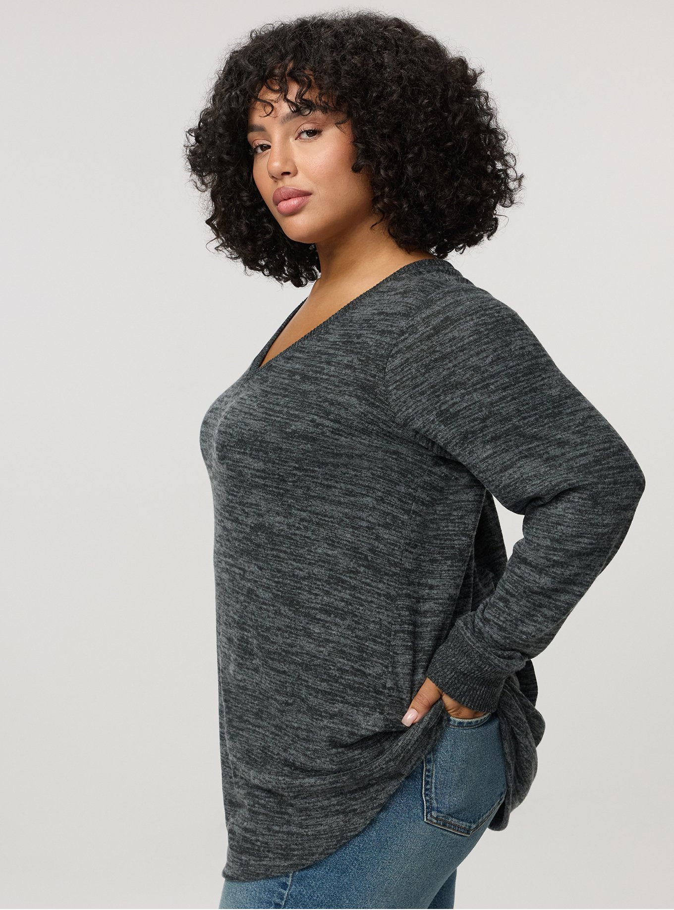 Super Soft Plush V-Neck Shirttail Tunic Sweatshirt, DEEP BLACK W/ GRAY MARL, alternate